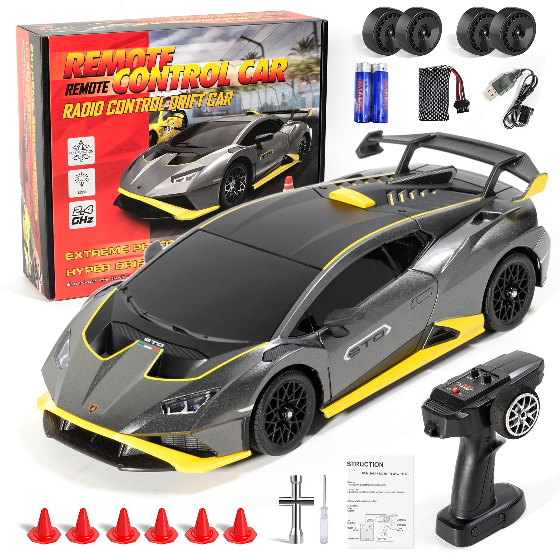 Macchina Telecomandata per Bambini, 2.4GHz RC Drift Car con Luce LED, 35km/h Auto Radiocomandata Regalo per Adulti e Bambini, Auto Giochi, Giochi 6 7 8 9 10 11 12 Anni (A)