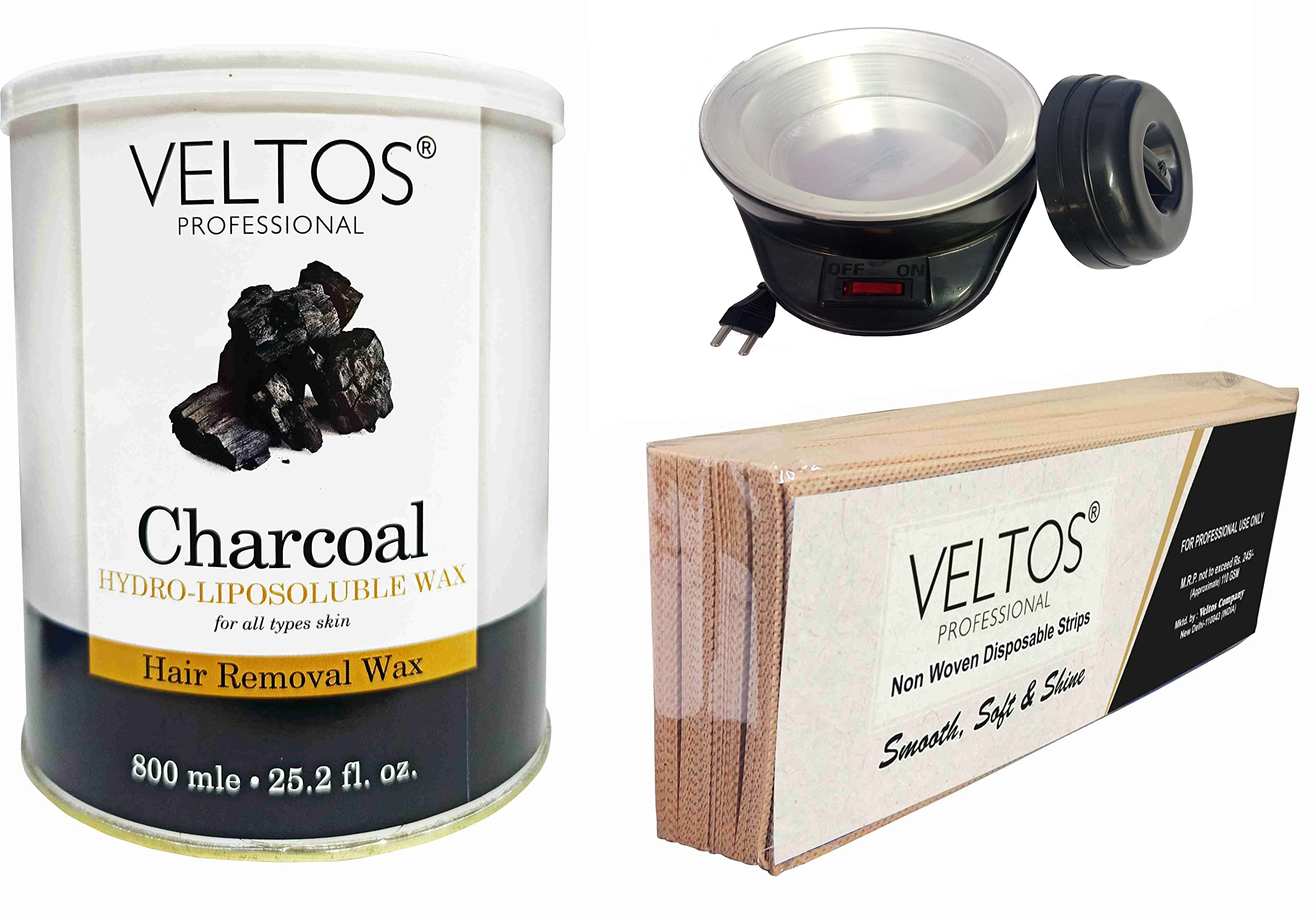 VELTOS Professional Charcoal Hydro Liposoluble Body Wax 800ml for Hair removal | Pack of Non-woven Waxing Strips | Portable Waxing Heater for Wax (Waxing combo kit) (B09L5WJ8HW) Amazon Price History, Amazon Price Tracker