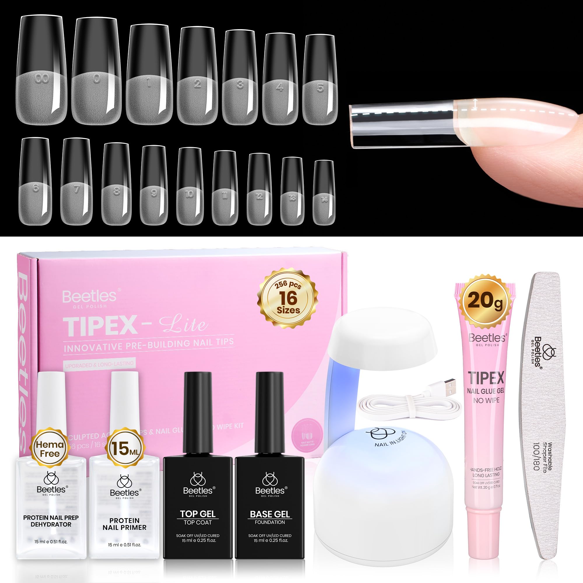Beetles Gel Polish Beetles Tipex Lite Instant Nail Tips Kit, Long Square, 256pcs 16 Sizes