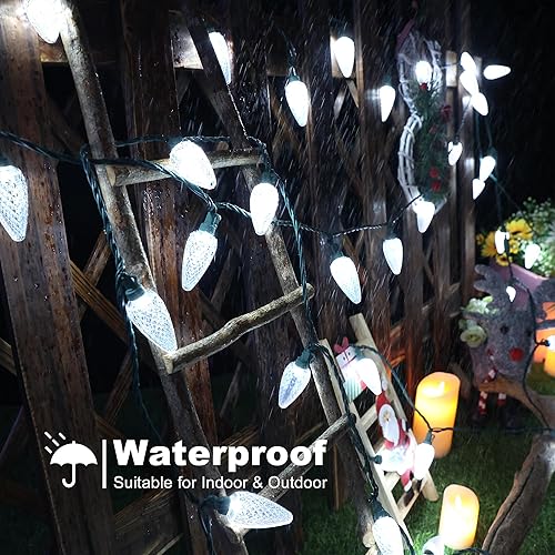 Miniatura 5 de Brizled Luces de Navidad C9 blancas, 33 pies, 50 luces LED facetadas para exteriores, luces de árbol de Navidad conectables, luces de Navidad para