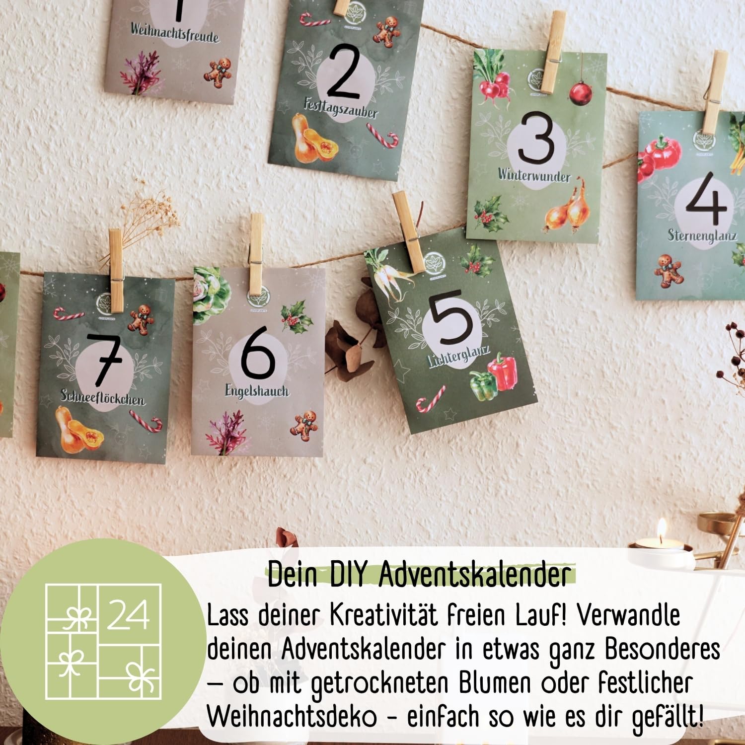 Bio Saatgut Adventskalender 2026 – mit 24 Sorten Demeter Gemüse Samen | DIY Kalender von Loveplants mit Klammern, Umschläge & Schnur | Geschenk für Gartenliebhaber, Gartenfreunde & Gärtner
