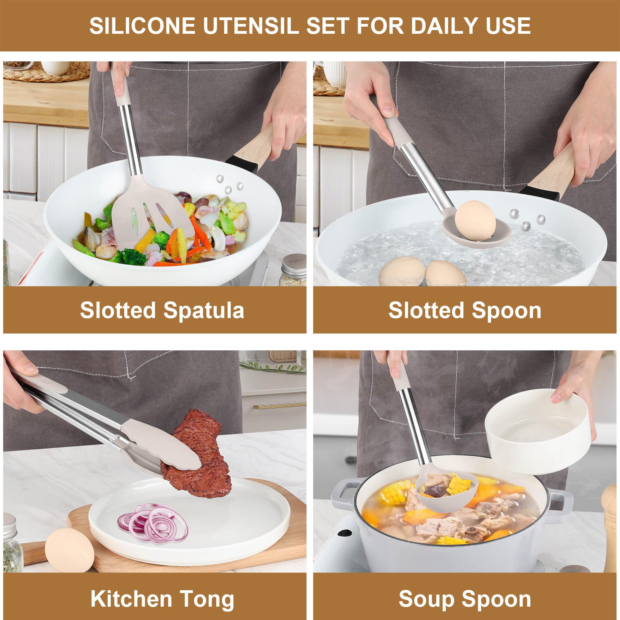 LIANYU Juego de 15 utensilios de cocina con soporte, herramientas de cocina de silicona con mango de acero inoxidable, dispositivos resistentes al calor, espátula, cuchara y batidor para utensilios de