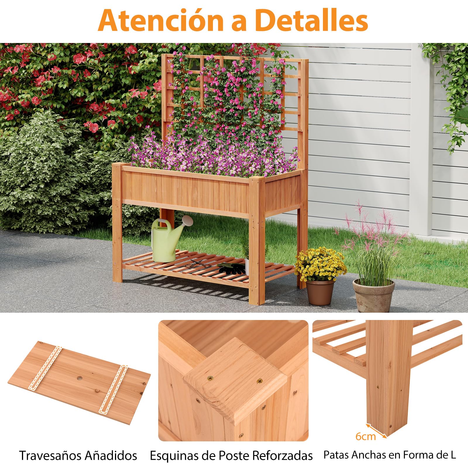 Cama de Jardín Elevada con Espaldera, Jardinera Elevada de Madera con Patas, Revestimiento, Estante de Almacenamiento y Agujeros de Drenaje para Plantas Trepadoras, Vides, Verduras, Hierbas (Marrón)
