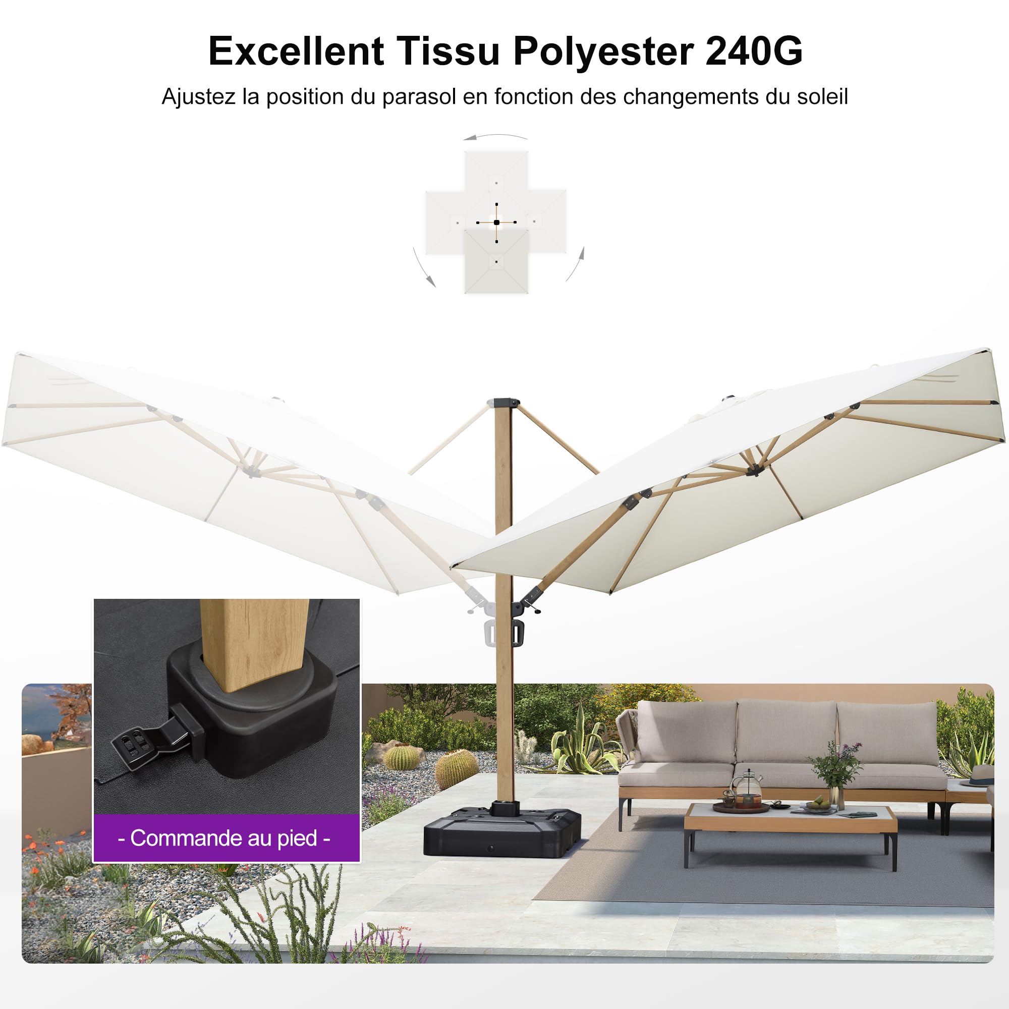 PURPLE LEAF Parasol Déporté 3 x 3 m Aluminium Effet Bois Crème Anti-Vent | Style champêtre, Parasol, UPF 50+, Tissu polyester 240 g/m², Résistant aux intempéries, 8 baleines renforcées, Terrasse