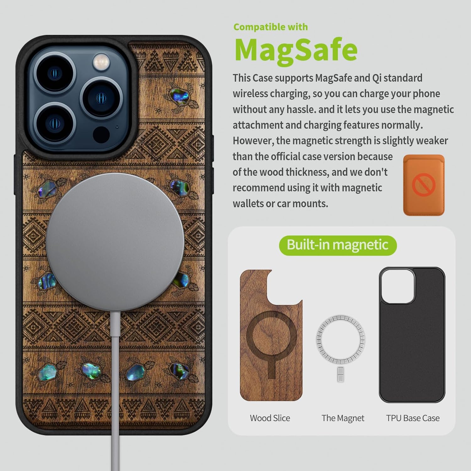 Carveit Wooden Case for iPhone 15 Pro Magnetic Case, Compatible with MagSafe Wireless Chargers, Shockproof Cover, Handmade Shell Inlaid & Wood Artisan Engraved (Sami Turtles) Walnut
