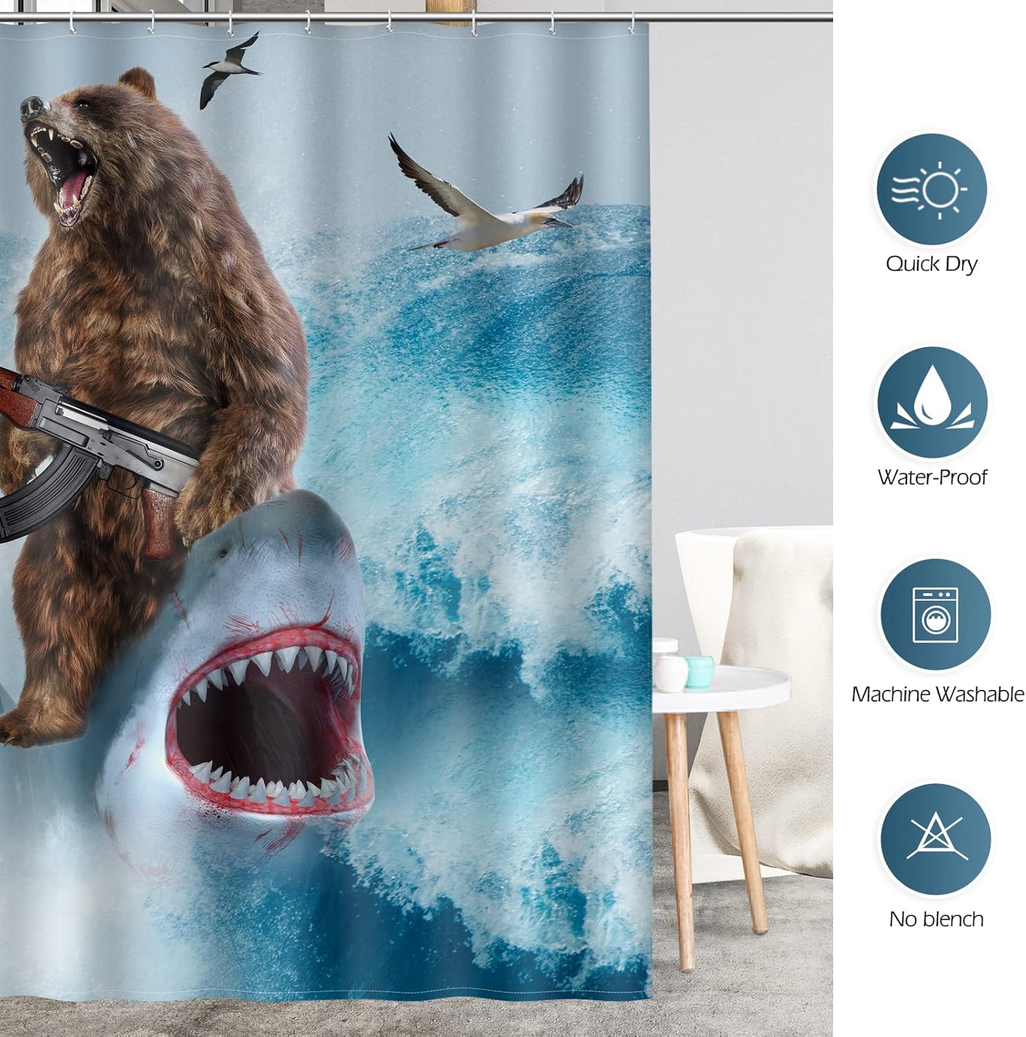Aimego Long Funny Shower Curtain - Cool Bear Riding Shark Fun Crazy Ocean Wave Fabric Cloth Shower Curtain Set with 12 Hooks Adults Bathroom Decor Accessories Bathtub Curtain, 72"x78", Blue Brown