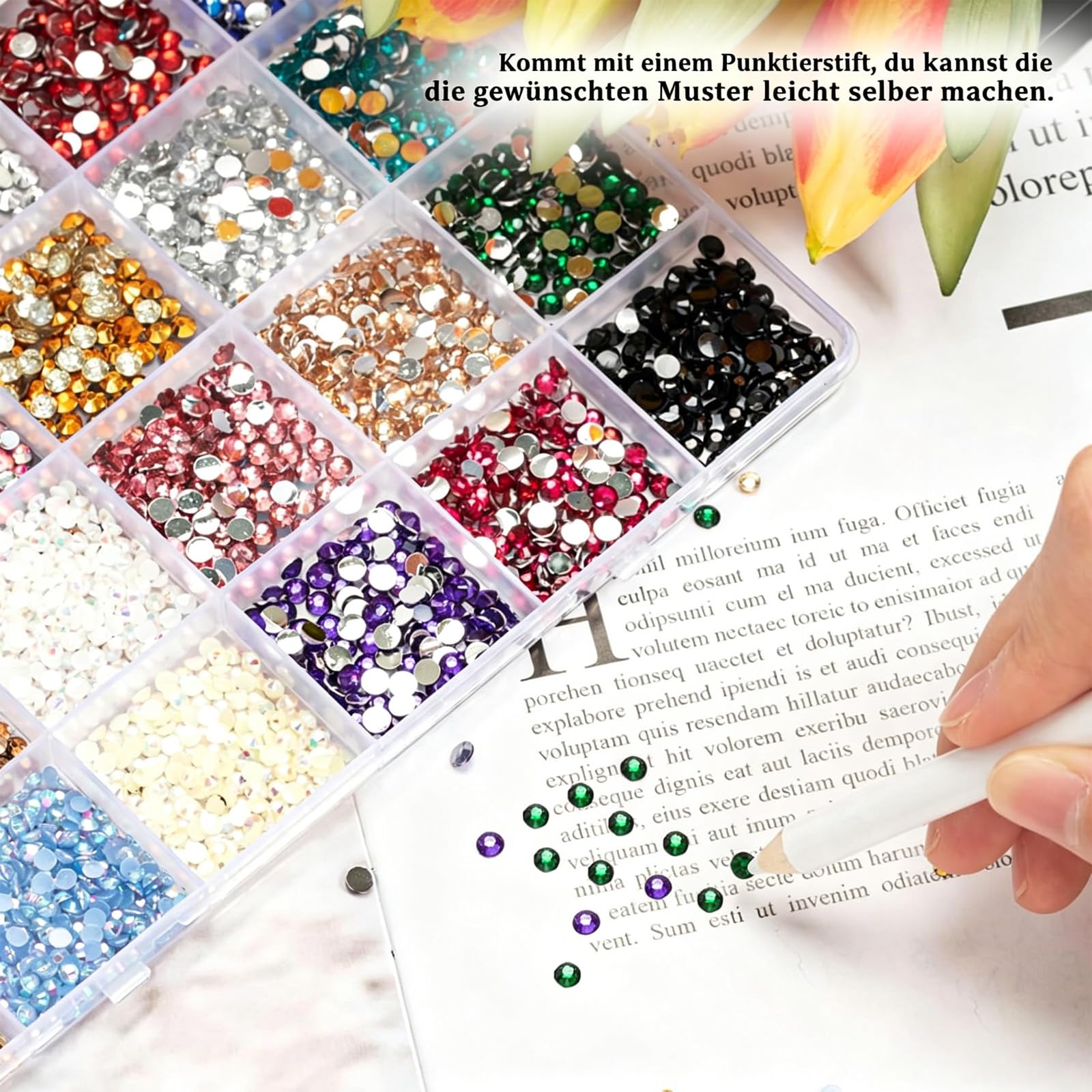 3500 Bedazzler Kit With Glue, 24 Farben 3mm 4mm Strasssteine Nägel, Flatback Rhinestones mit Glue Pinzette und Stift, Glitzersteine zum Basteln, Glitzer Steine für Nägel Textilien