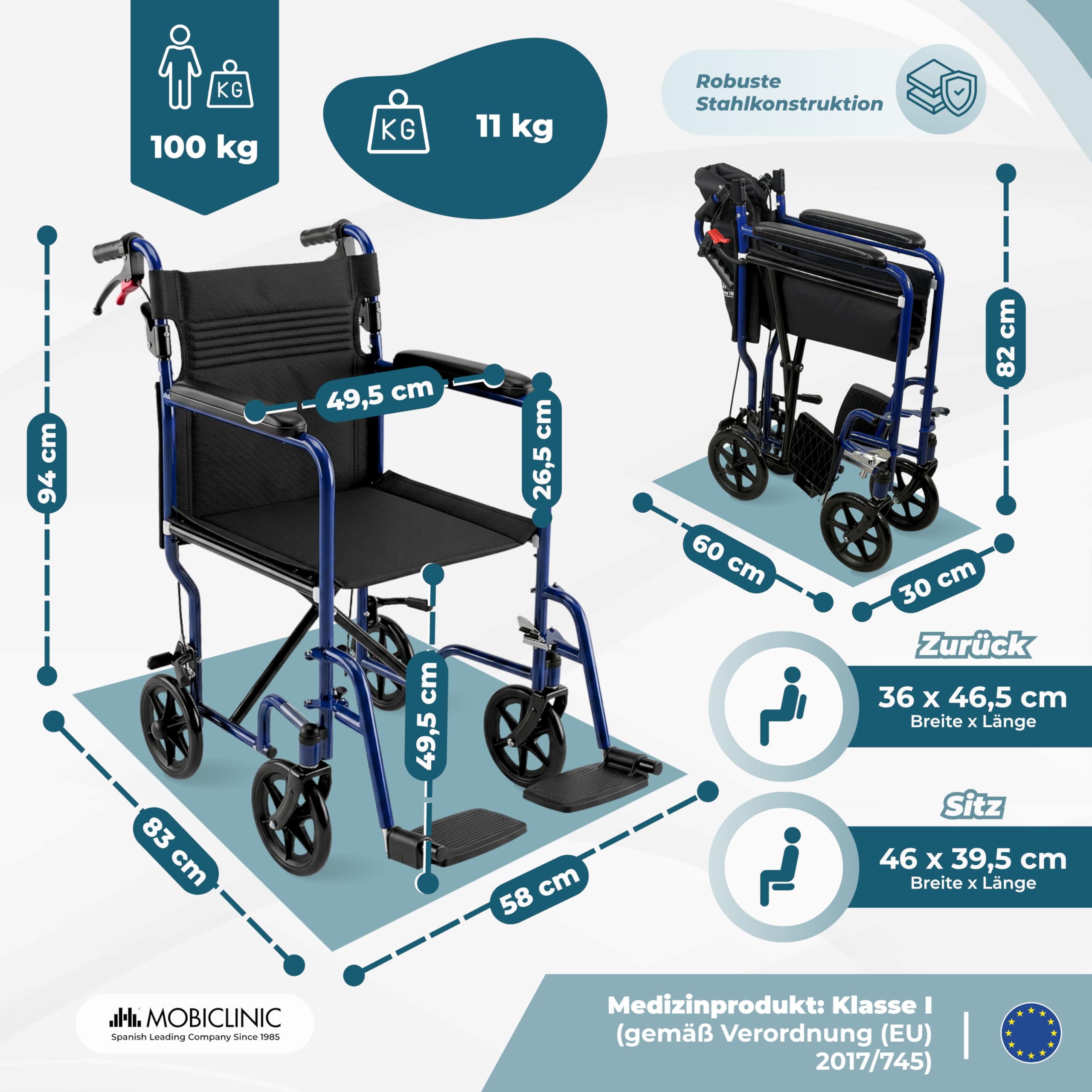 Mobiclinic®, Rollstuhl Faltbar, Transportrollstuhl, Klappbare Rückenlehne, Abnehmbare Fußstützen, Doppelbremssystem, Gepolsterte Armlehnen, Stahl, Leicht und Kompakt, Napoli