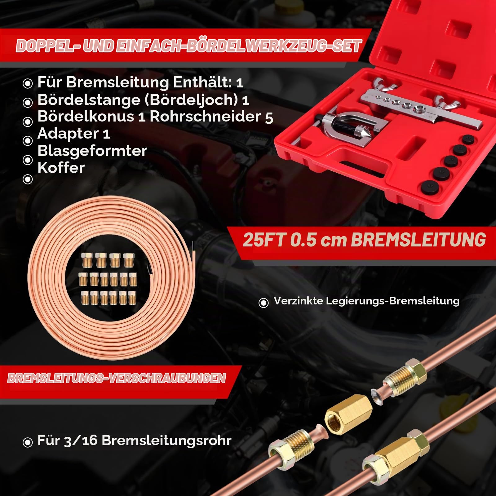 KAOLALI Doppelt und Einfach Bördelgerät für Bremsleitung Set | 7,62m Ø 4,75mm Bremsleitung mit 16 Anschlüssen+5 Verbinder, für Hydraulische Kfz-Bremssysteme, Bremsleitung Bördelgerät