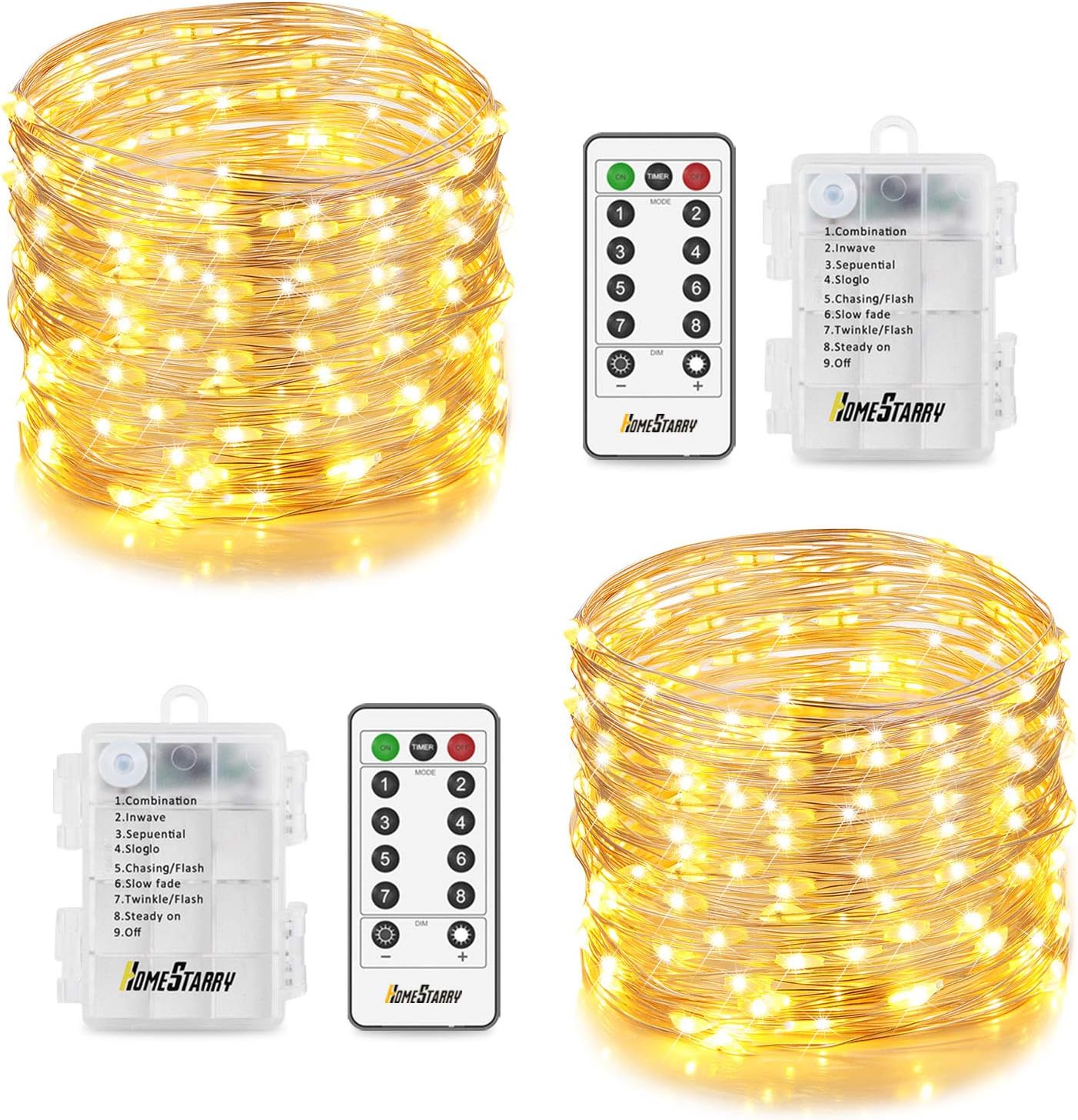 2 Sets 33 Ft Fairy Lights Battery Operated, 132 LED,6 AA Battery String Lights for Bedroom Waterproof 8 Modes with Remote, Silver Wire Twinkle Lights for Wedding Party Patio,Warm White