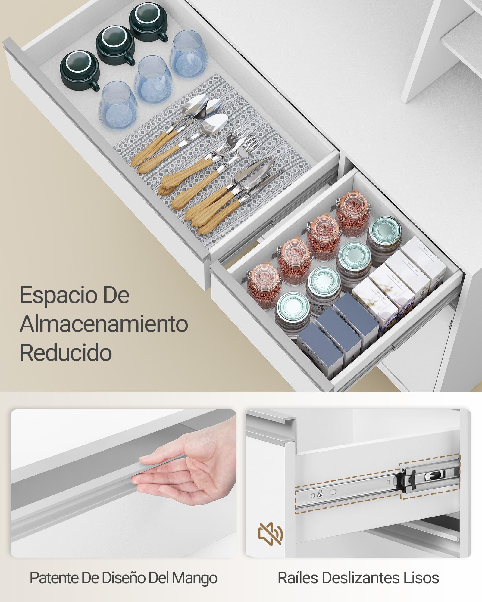 Hzuaneri Alacena de Cocina, Aparador Comedor, Armario Cocina Almacenaje con regleta y Tira de Luces LED, encimera y 2 cajones, estantes Regulables,área culinaria, salón, 40x100x180cm, Blanco