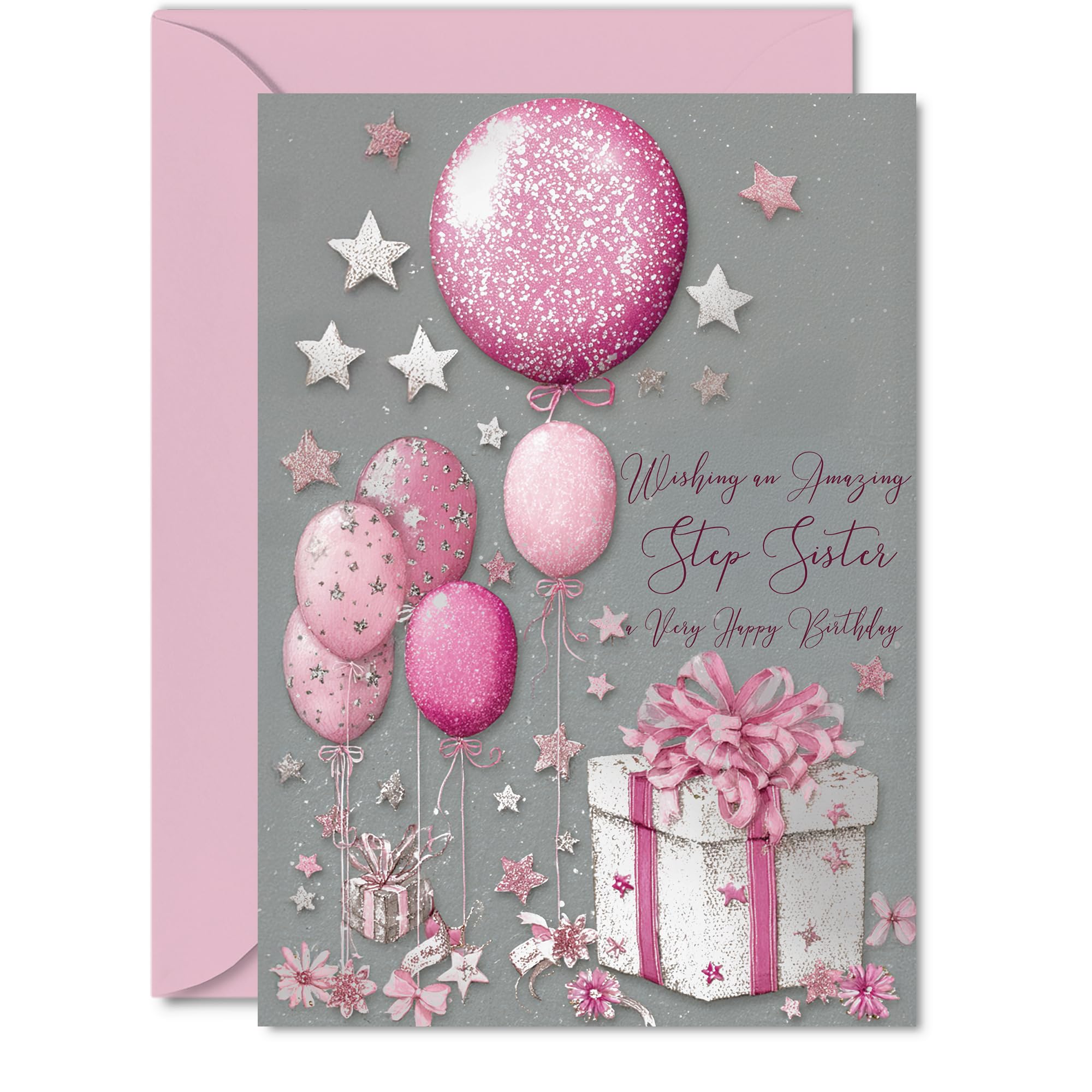 Silver Step Sister Birthday Card, Silver and Pink Presents