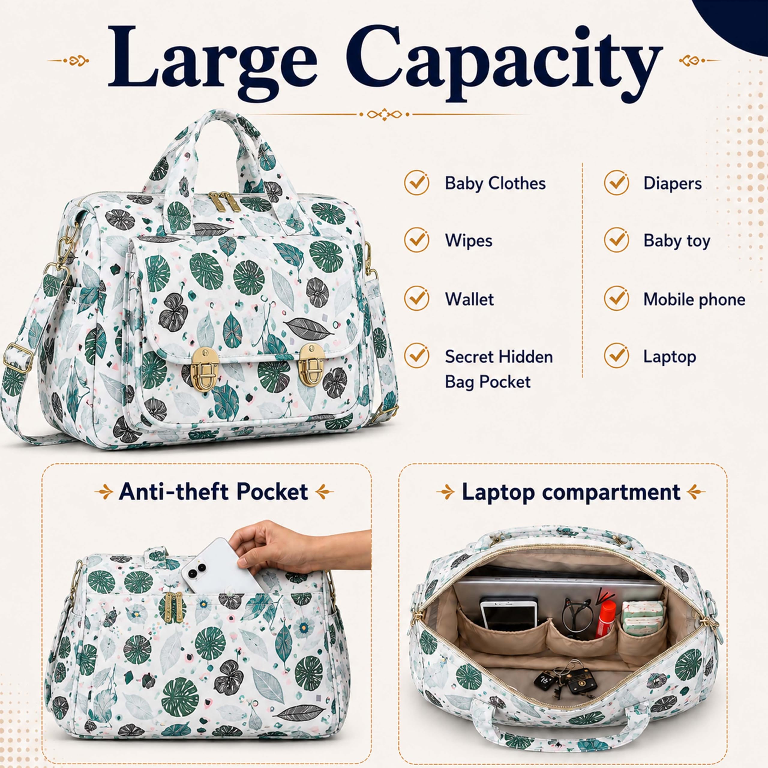Motherly WOW Tote Diaper Bag for Mothers for Travel, Maternity Bag for Newborn Baby, Multiple Pocket Water Resistant Baby Bag (Green Leaf) 4
