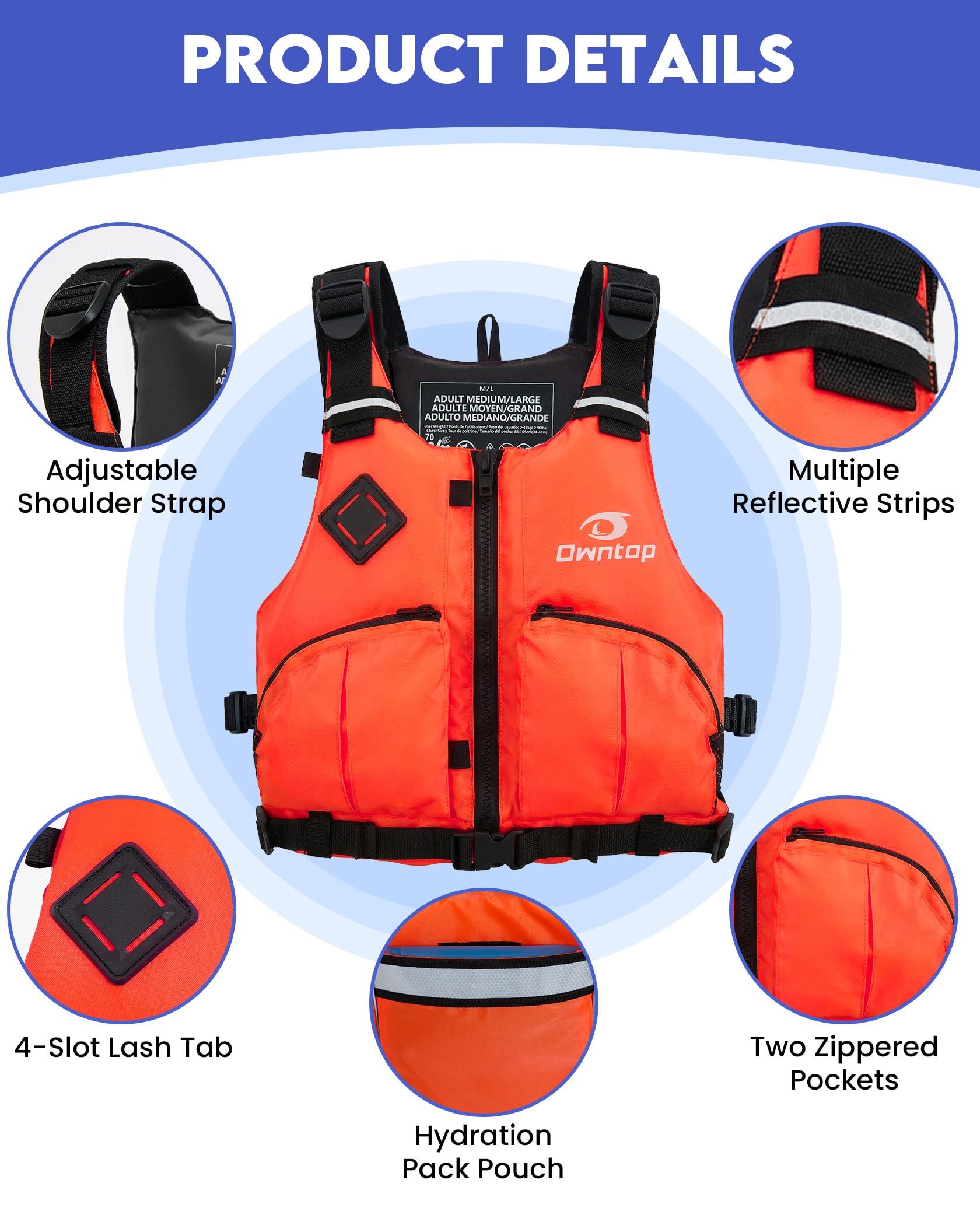 Owntop Aiuto alla galleggiabilità per adulti con scomparto per tasca dell'acqua, doppie tasche con zip | Gilet galleggiante regolabile | Gilet da nuoto unisex per kayak, paddle e pesca