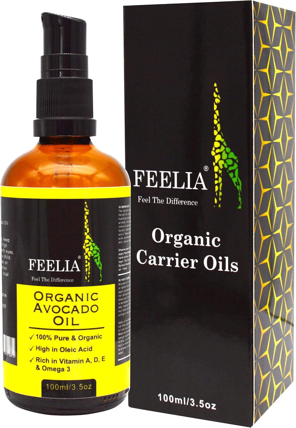 Feelia – Organic Avocado Oil – Cold Pressed, Rich in Vitamins A, D, E & Omega 3, High in Oleic Acid, 100% Pure & Organic – 100ml