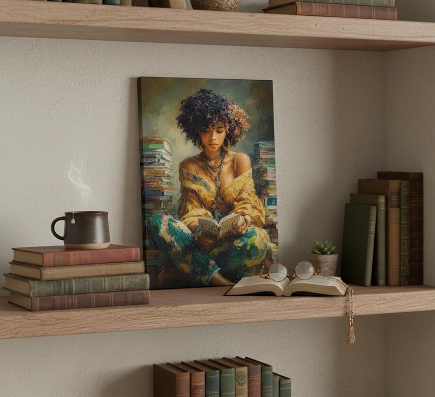 MDHFJEAW African American Woman Wall Art Black Girl Reading Canvas Print Modern Abstract Oil Painting Picture Gallery Wrapped Wall Decor for Teen Girl Bedroom Study Reading Nook 16x24 In