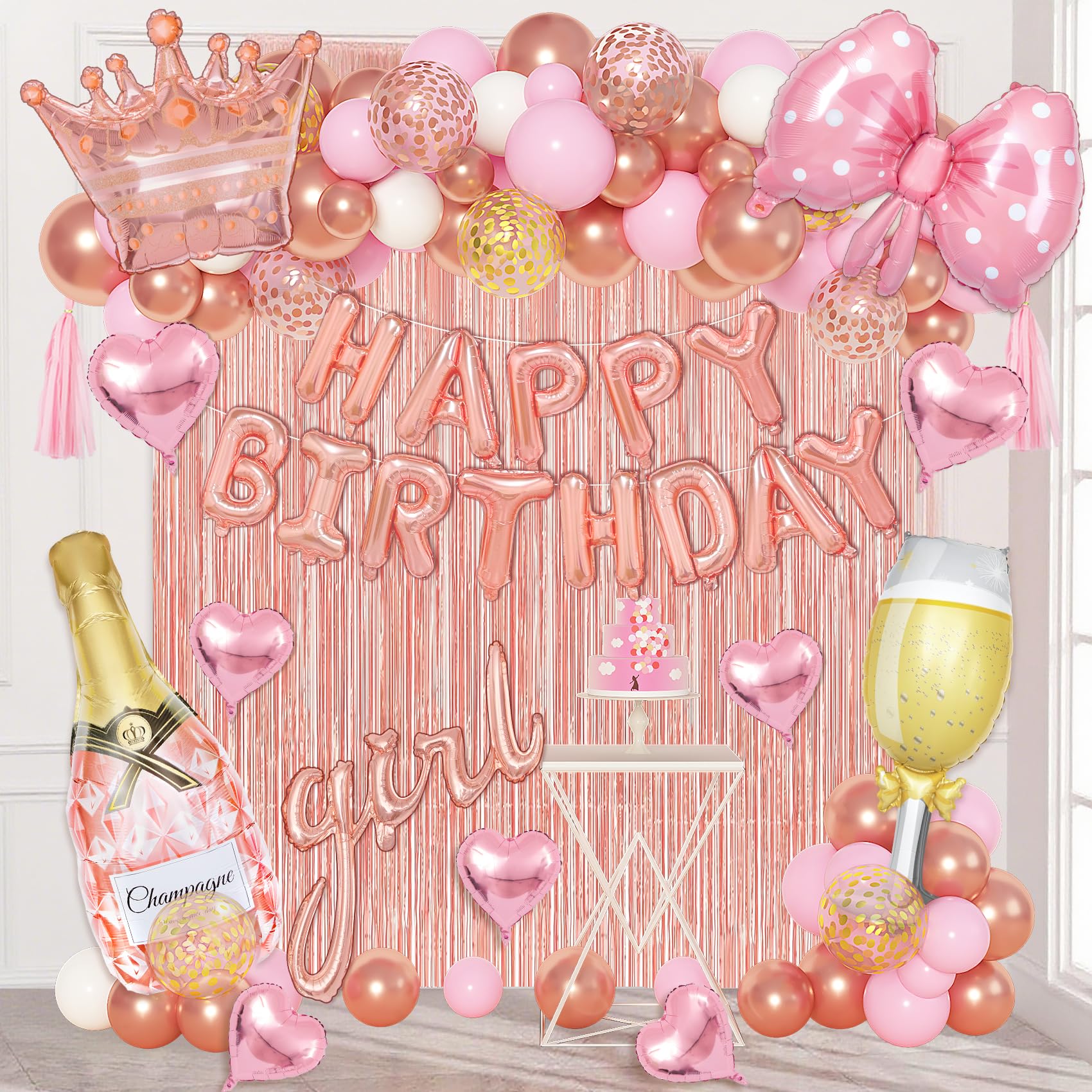 Ouddy Life Rose Gold Birthday Decorations for Women Girls, Happy Birthday Champagne Bottle Crown Heart Bow Foil Confetti Balloons Fringe Curtains