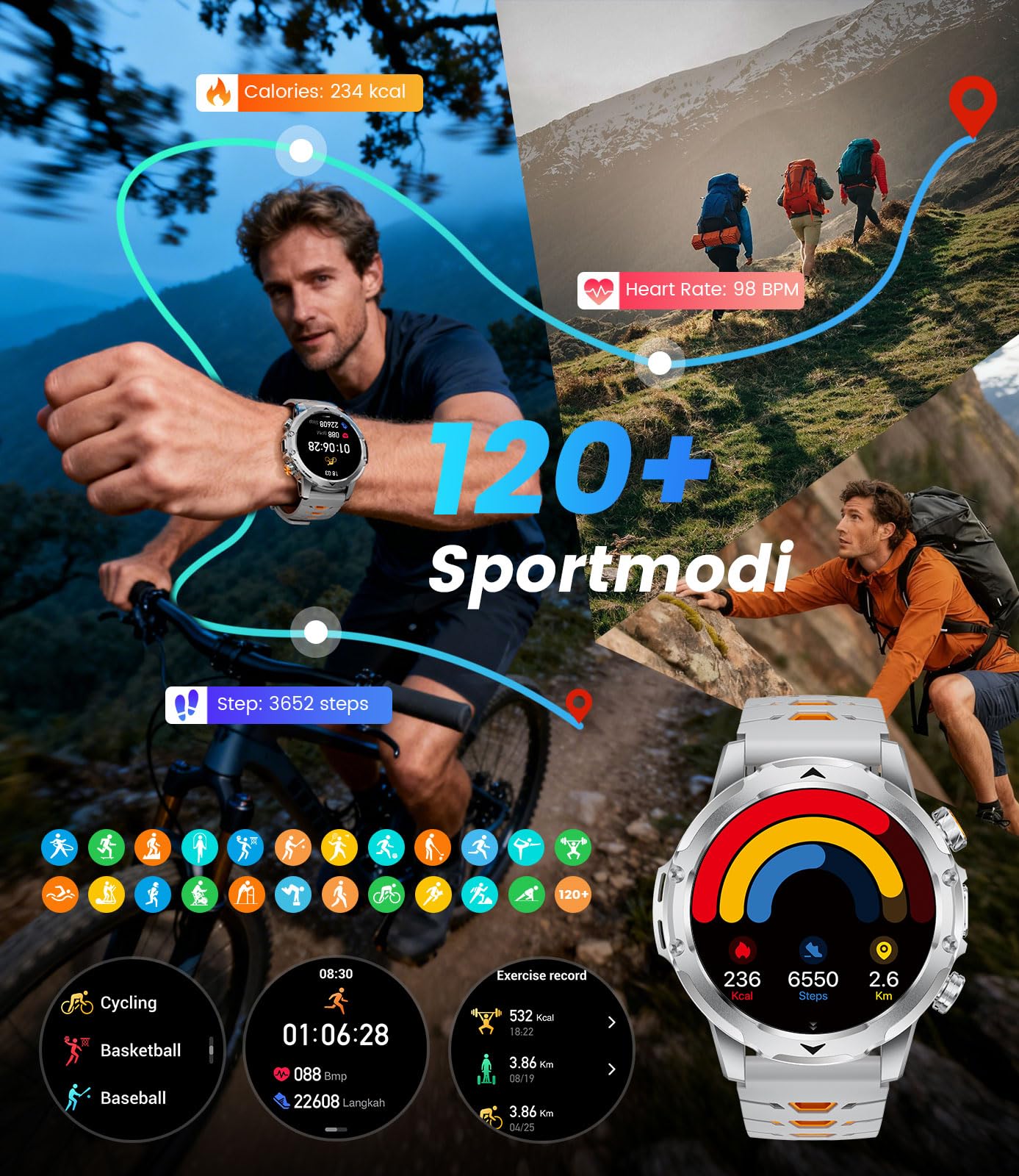 Orologio Smartwatch Uomo con Chiamate/Batteria 1000 mAh per Android iOS, 1,53" HD Smartwatch Militare con Frequenza Cardiaca/129 Modalità Sportive, Impermeabile IP68 Torcia Fitness Watch, 3 Cinturini