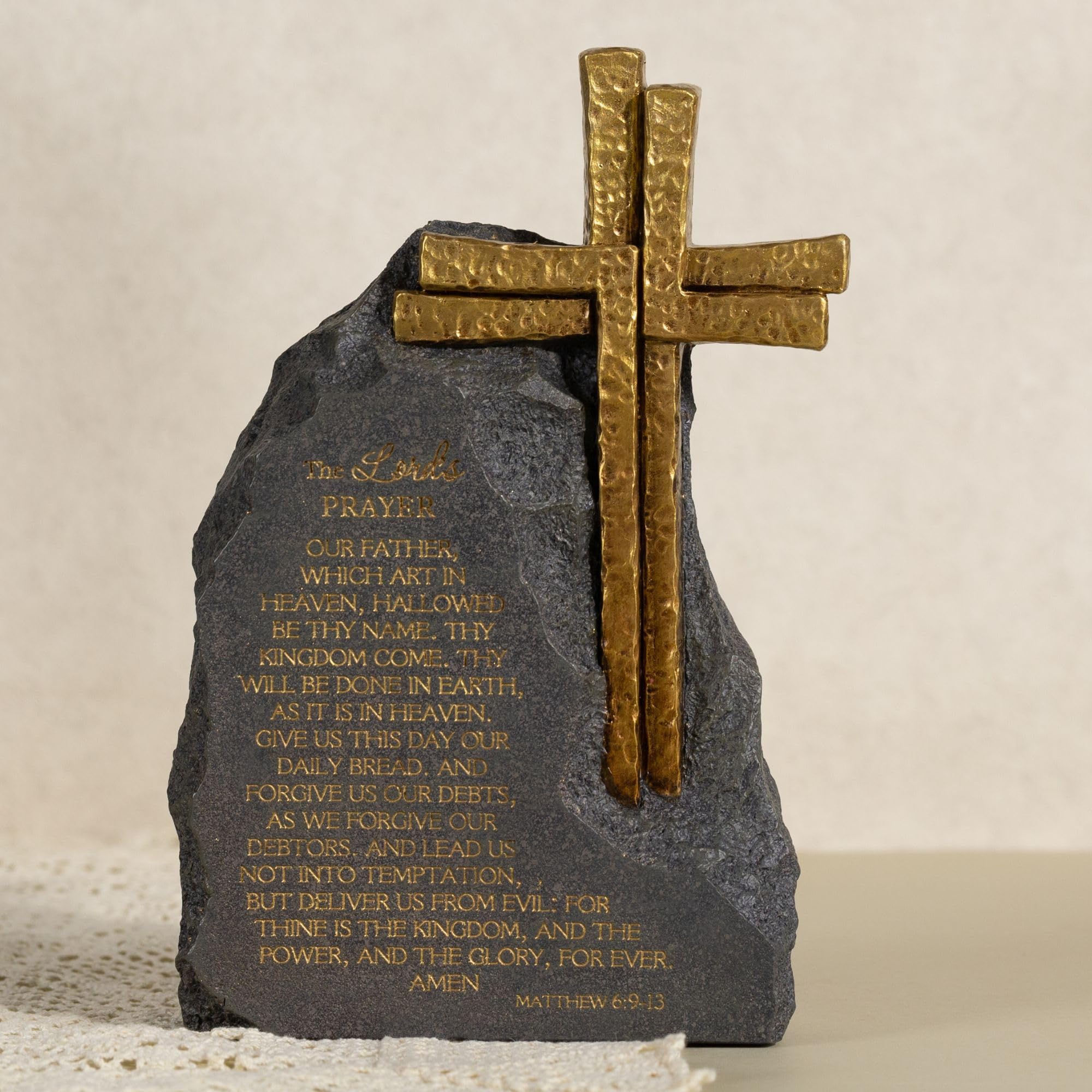 The Lord's Prayer Stone Decor, Religious Cross, Resin Black with Gold Text, 9.4inches, Christian Home Office Table Decoration
