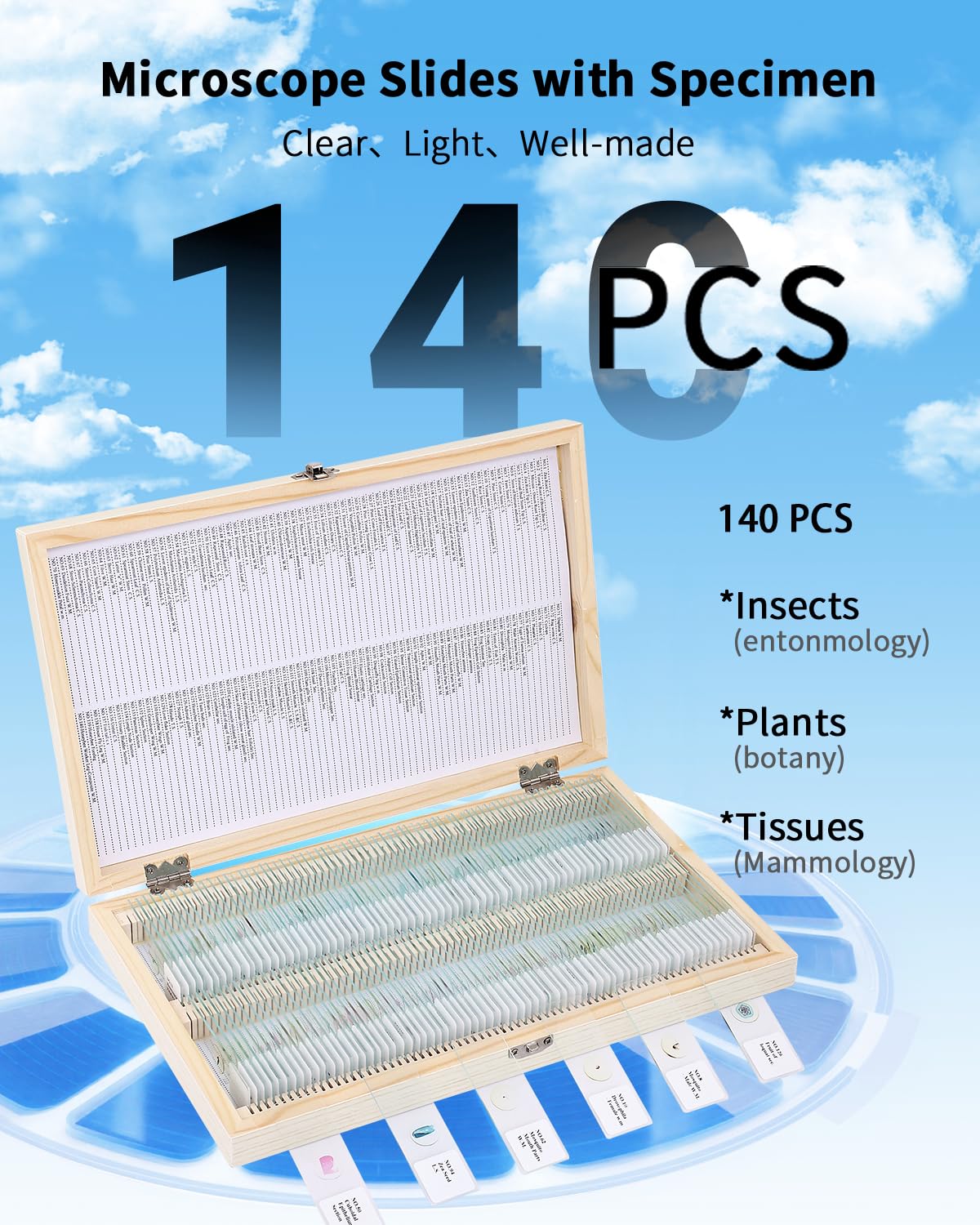 140 portaobjetos de microscopio con especímenes, portaobjetos de vidrio prefabricados con muestras, portaobjetos educativos y cubiertas de microscopio para jóvenes científicos, perfectas para clases