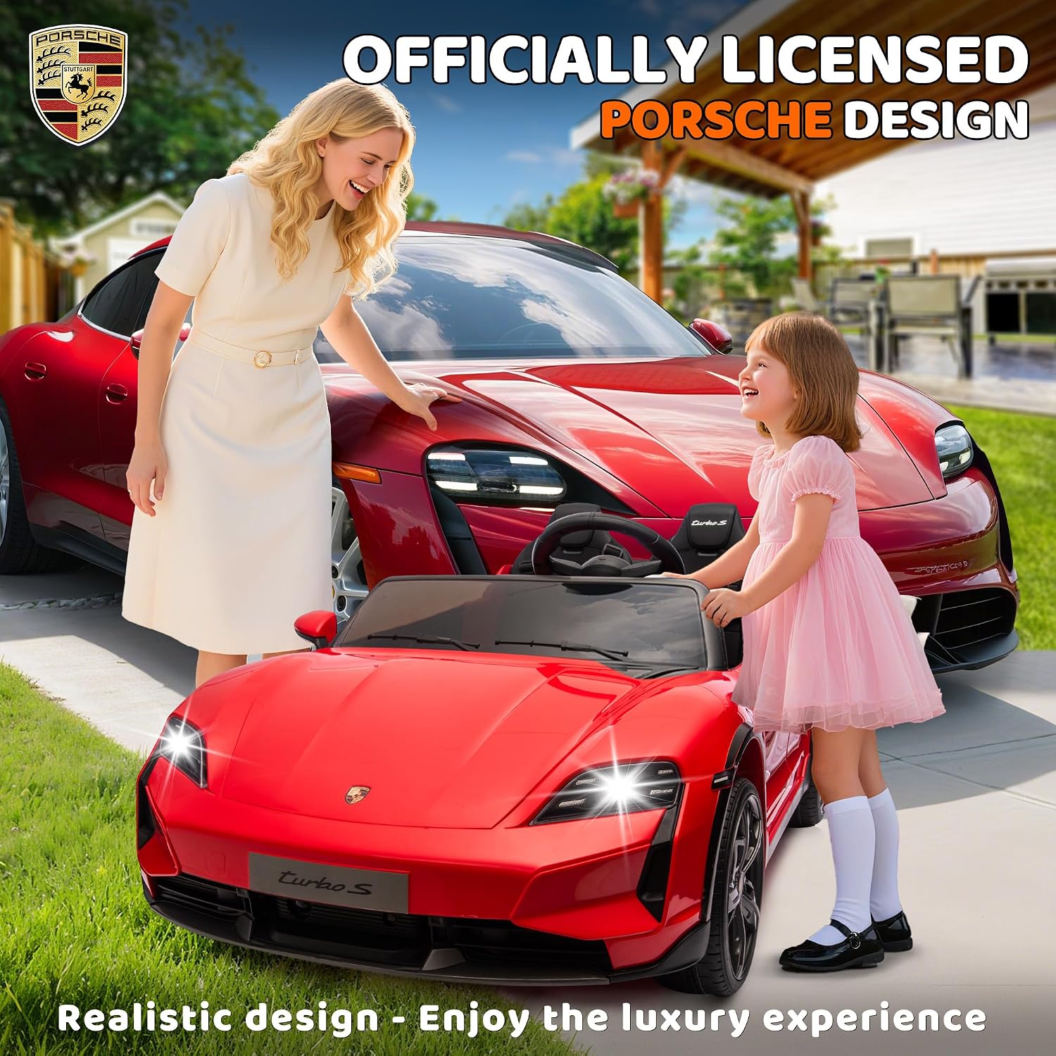 2 Seater Ride On Car for Kids, 24V Licensed Porsche Taycan Turbo S Electric Power Ride On Car Toy with Remote Control, 4 Wheels Shock Absorption, Soft Start, MP3 Music, LED Lights - Red