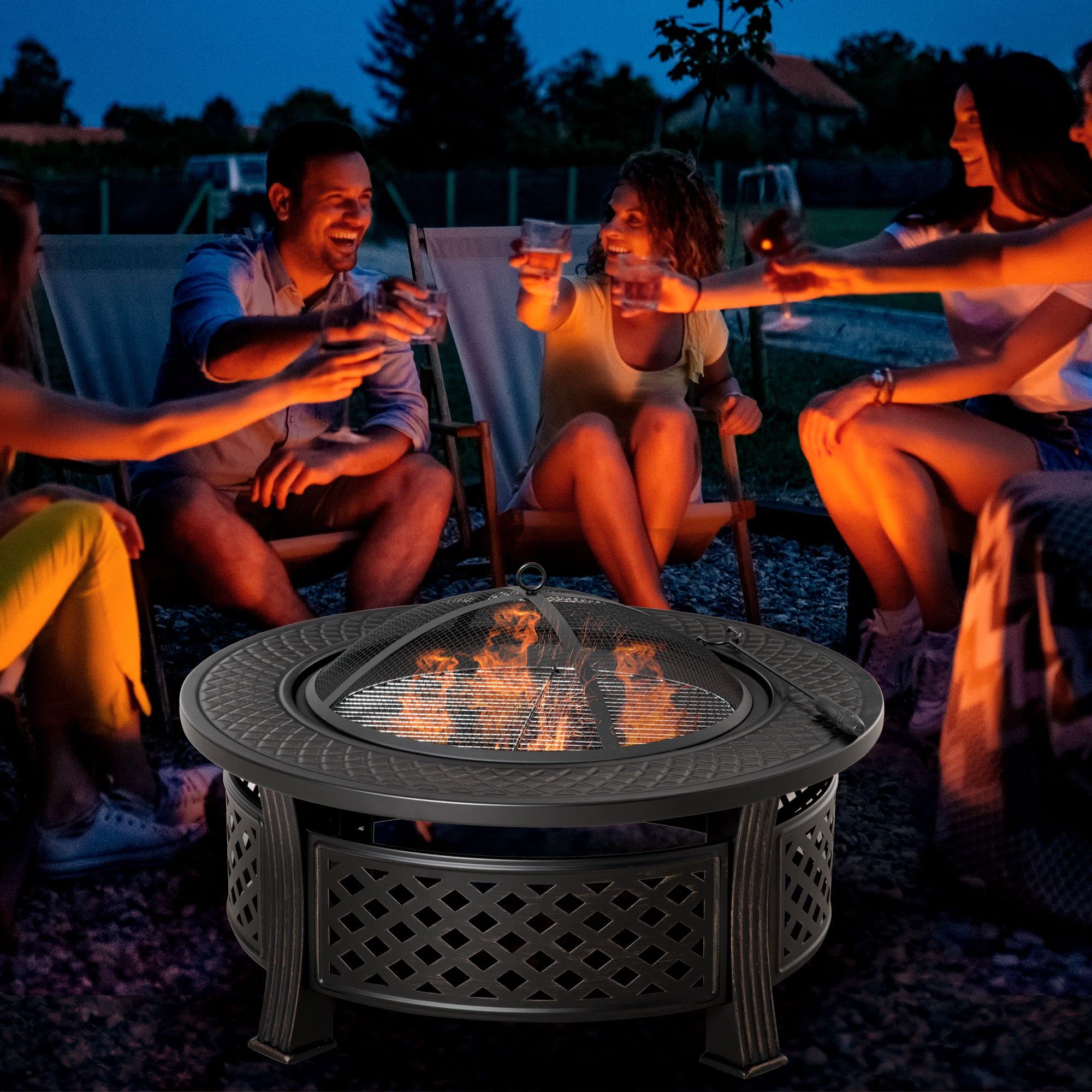 Outsunny Feuerschale mit Schürhaken Funkenschutz 81 x 81 x 50 cm Schwarz | Feuerkorb, Feuertisch, Runde Feuerstelle, für Garten Camping BBQ, Stahl