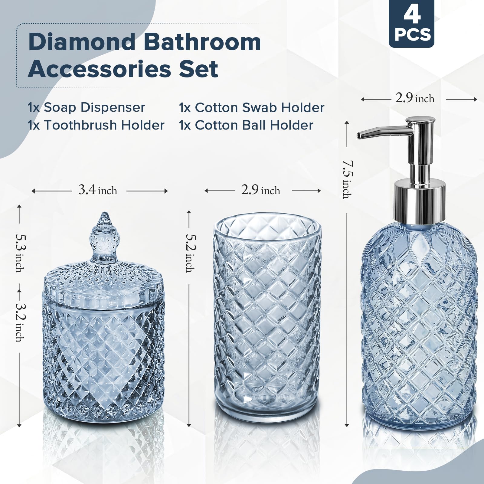 RYTOXILO Lot de 4 accessoires de salle de bain en cristal bleu