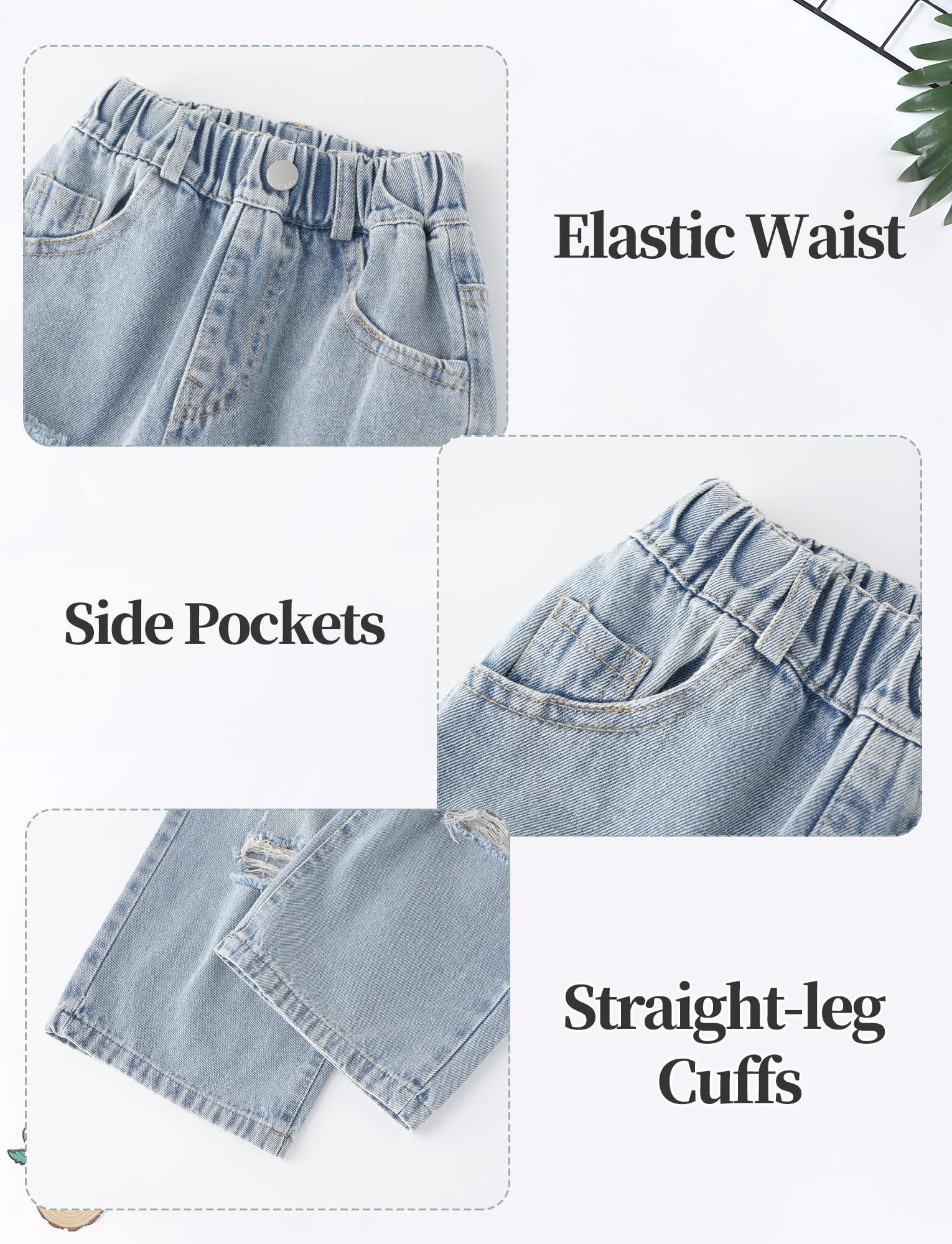 Maeau Jeans per bambini con elastico in vita, gamba larga, strappati, jeans lavati larghi con tasche, 5-14 anni
