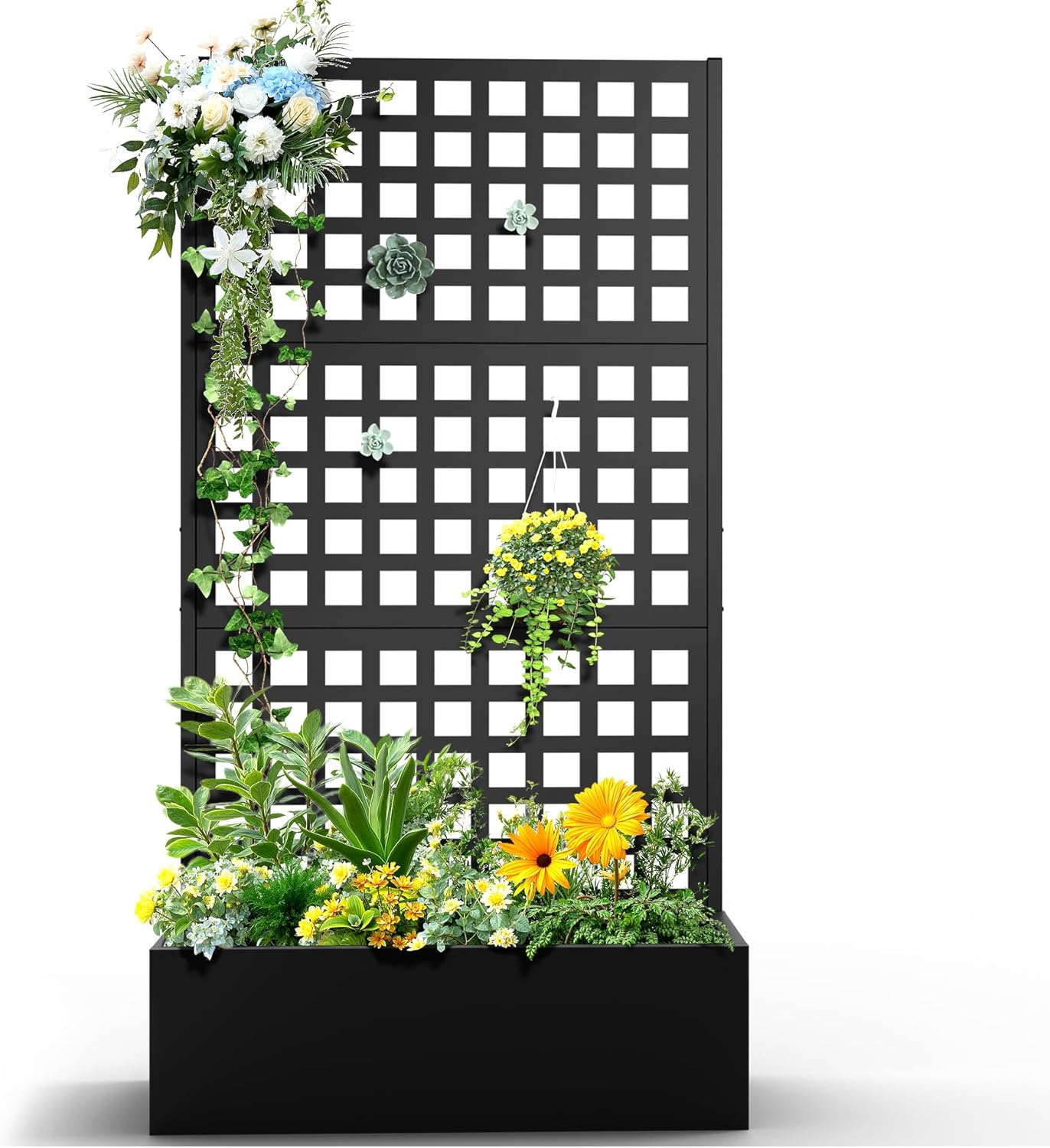 Metal Raised Garden Bed with Trellis for Climbing Plants, Vegetable, Vines,Metal Planter Box with Trellis 71"x35"x16",Trellis with Planter Box & Privacy Screen(Black)