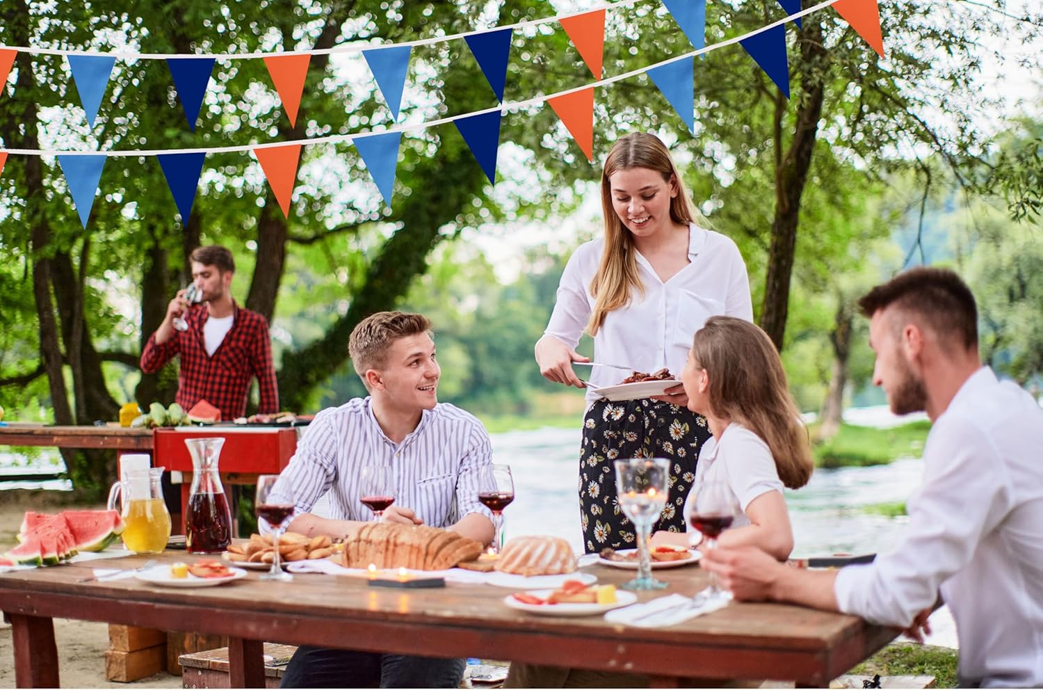 100 Feet Blue Orange & Dark Blue Pennant Banner Flags String Hanging Blue Orange & Dark Blue DIY Triangle Bunting Flags,Party Decorations for Grand Opening,Party Events,60 Pcs - Image 6