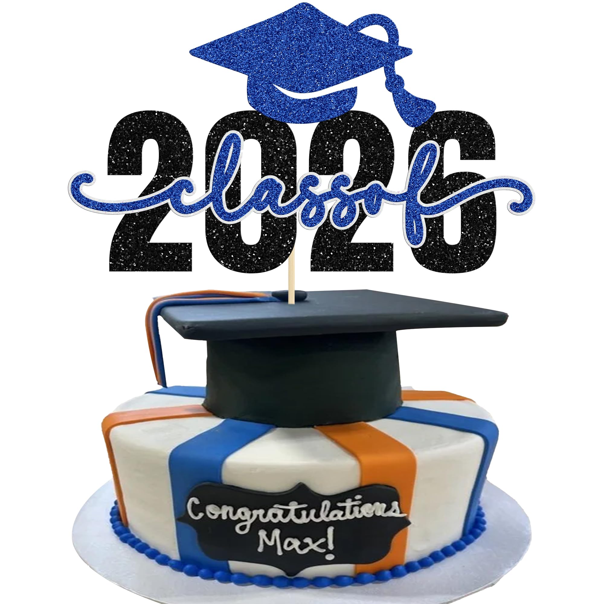 Gyufise 1Pc Class of 2026 Cake Topper Glitter Congrats Grad Cap 2026 Graduation Cake Pick for High School Boys Girls Graduate Party Cake Decorations Supplies Dark Blue 2