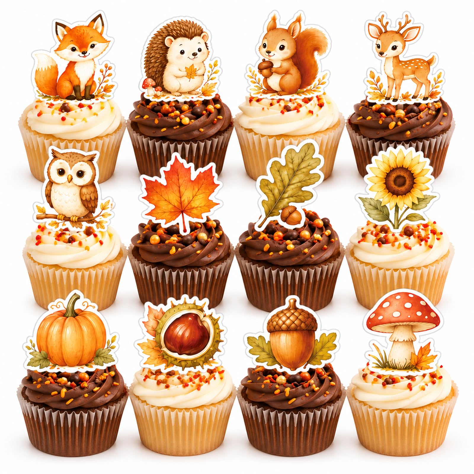 ALLAVA 48 Pcs Edible Autumn Cake Decorations, Tiere Cupcake Toppers โ image 1