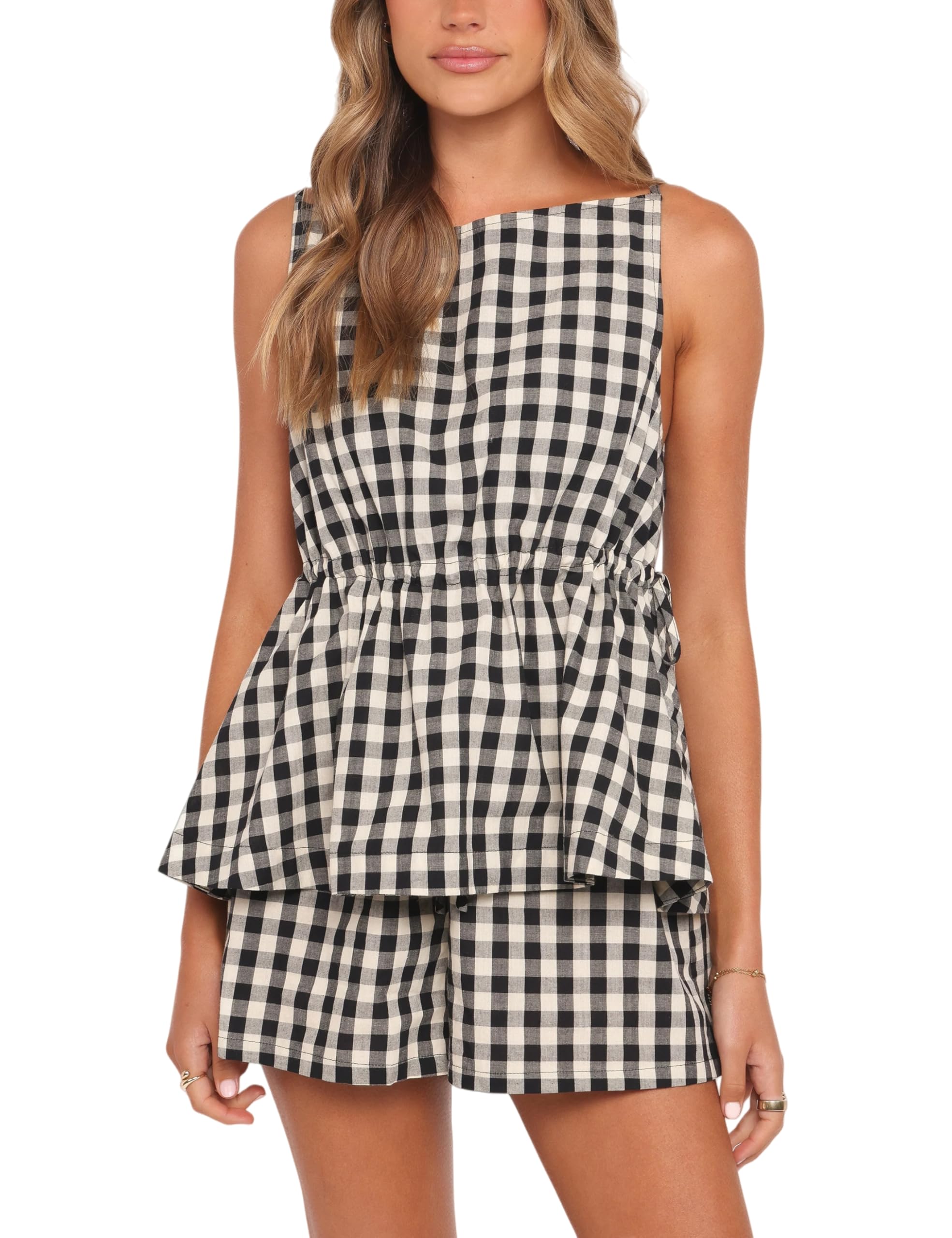 Women's Gingham Pajamas Set 2 Piece Cotton Pj Lounge Sets Sleeveless Shirt Shorts Summer Plaid Two Piece Outfits Small Black