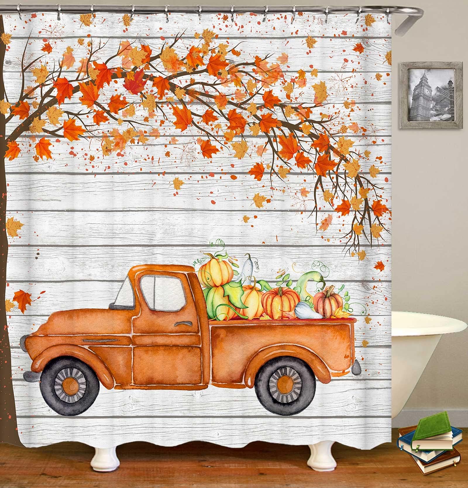 TIMMIE Fall Shower Curtain, Vintage Truck Pumpkin Autumn