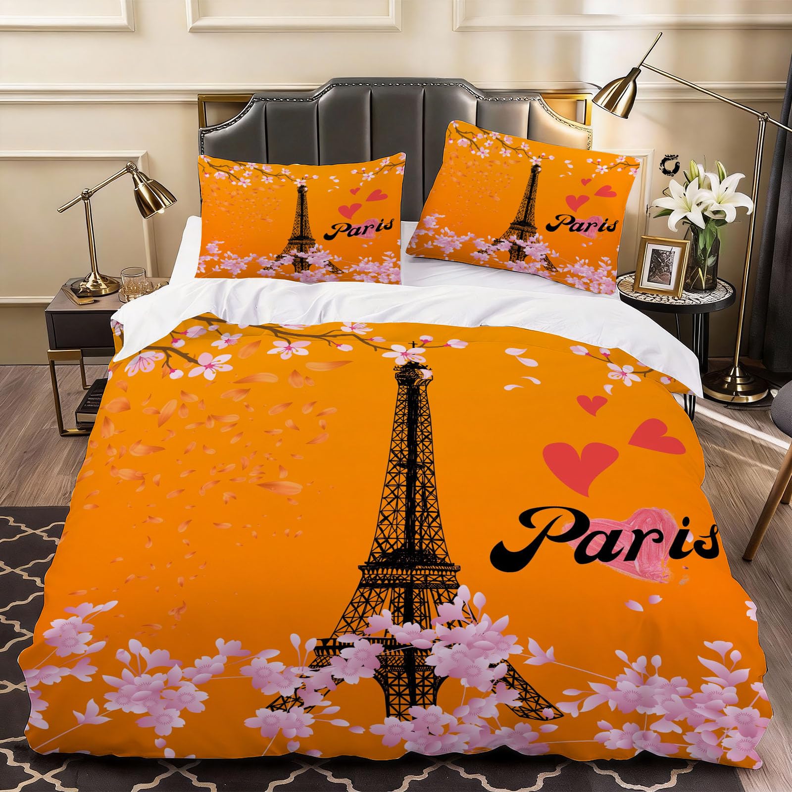 3D Eiffel Tower Duvet Cover Girls Bedding Single Bed Set, Soft Microfiber Comforter Cover Printed with Zipper Closure Quilt Coverr 135x200 cm and 2 Pillowcases