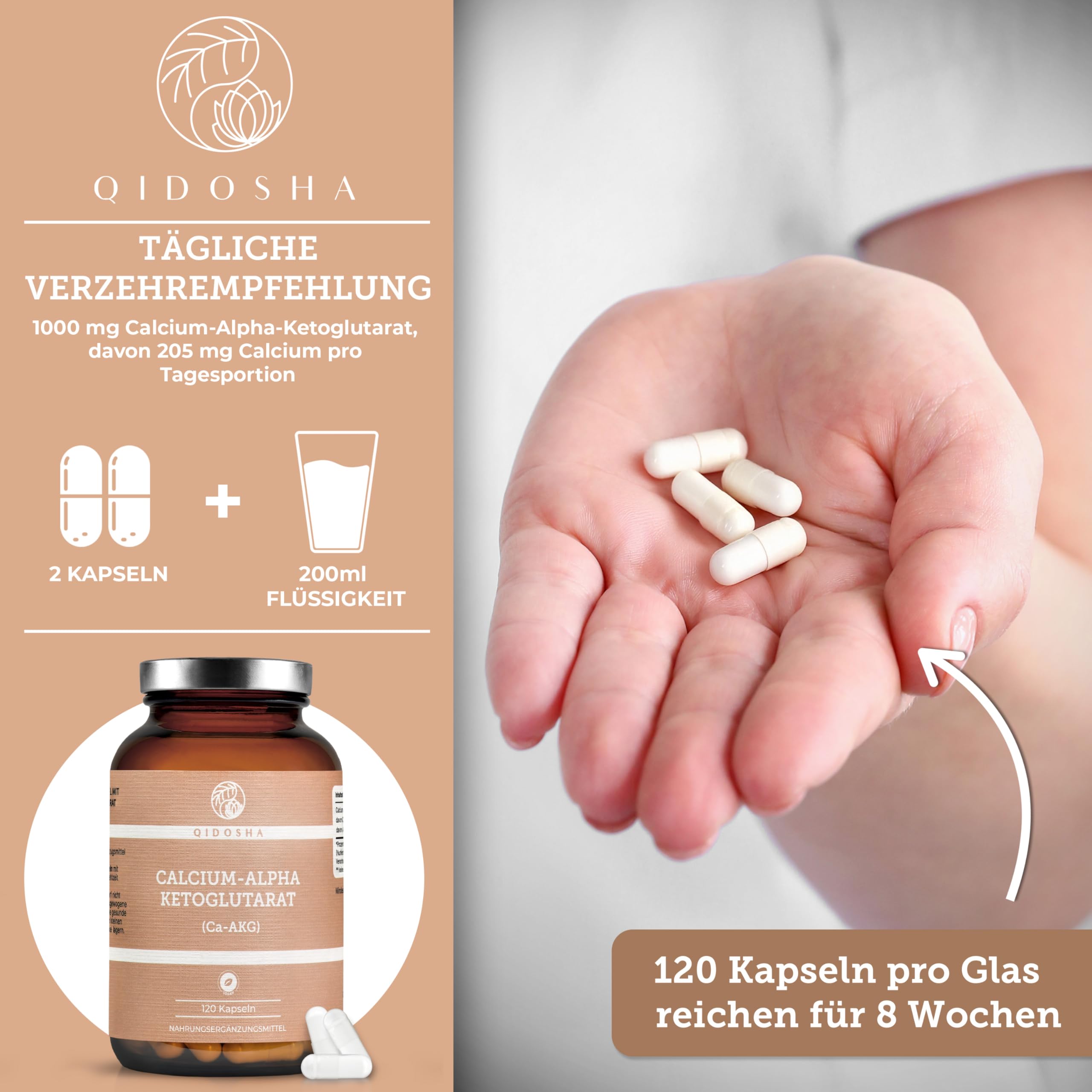 QIDOSHA® Calcium-Alpha-Ketoglutarat Ca-AKG, 120 Kapseln im Apothekerglas, deutsche Fertigung, jede Charge laborgeprüft