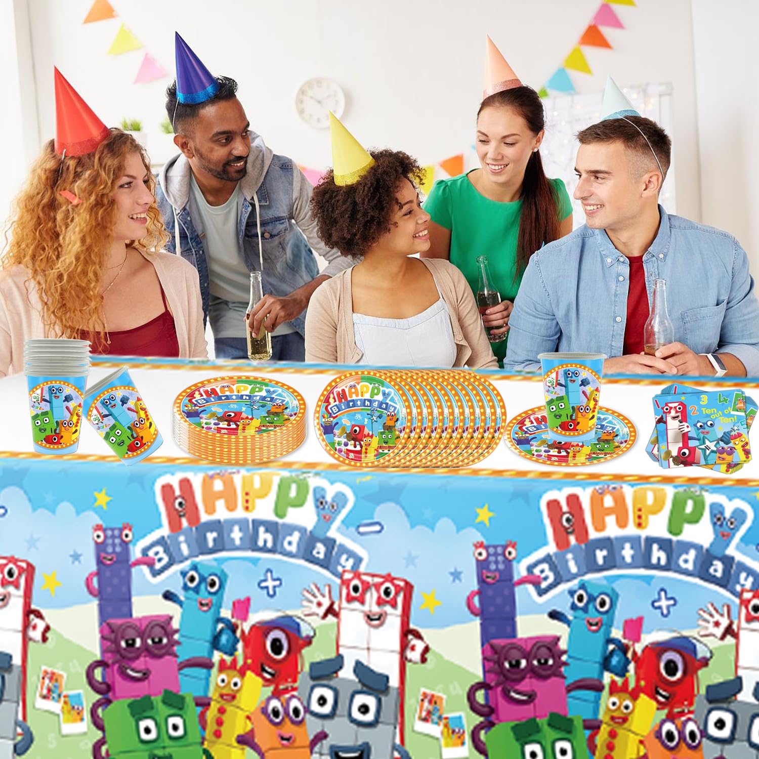 Set di stoviglie per bambini Digital Blocks, Cartoon Blocks Party, comprensivo di tazze, tovaglioli, piatti, tovaglia, adatto per feste di compleanno per bambini, anniversari, per 20 persone!