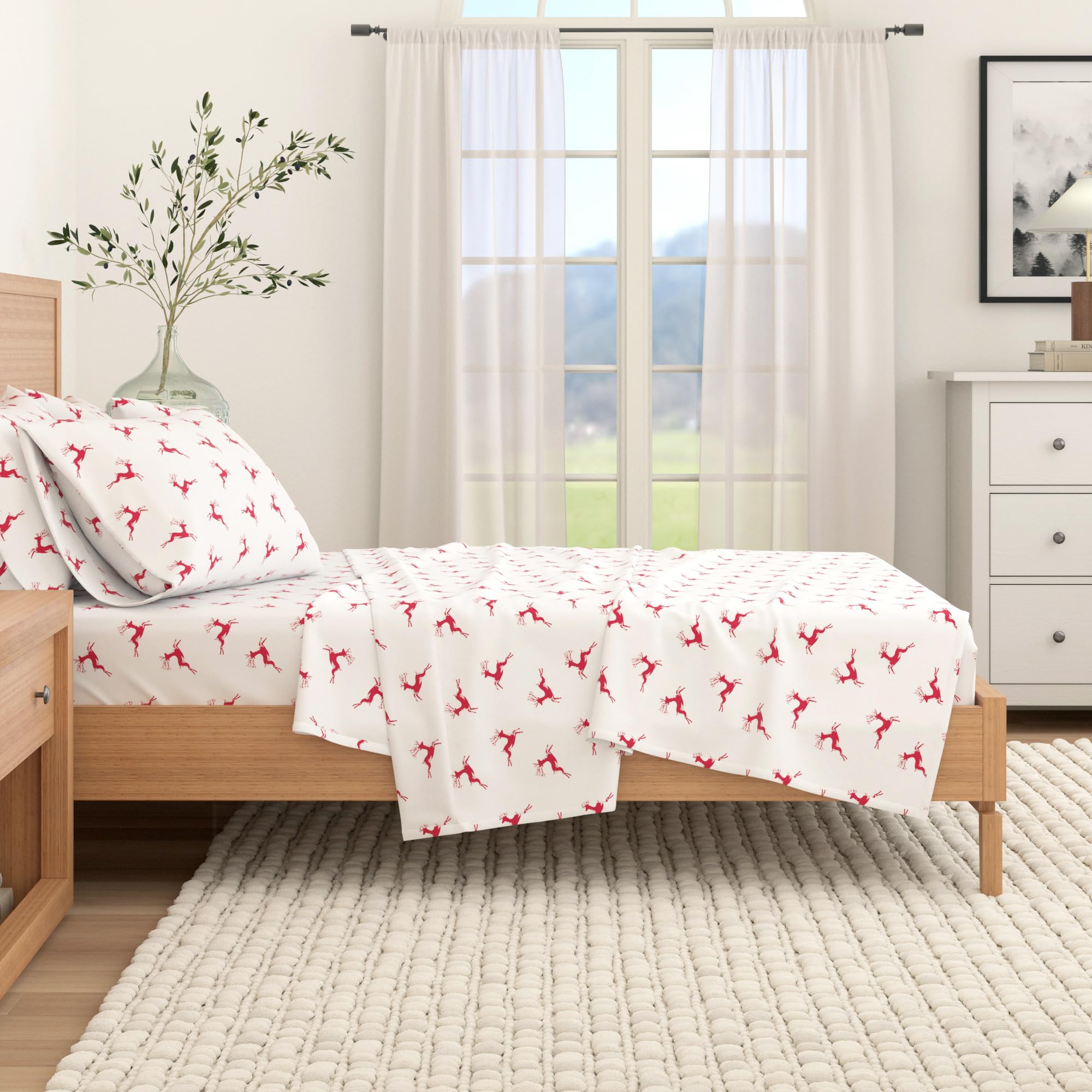 Great Bay Home Zestaw pościeli flanelowej w rozmiarze podwójnym, 100% turecka bawełna, podwójnie szczotkowane, prześcieradła z nadrukiem - ultramiękkie, przytulne, 3-częściowy zestaw pościeli (renifer