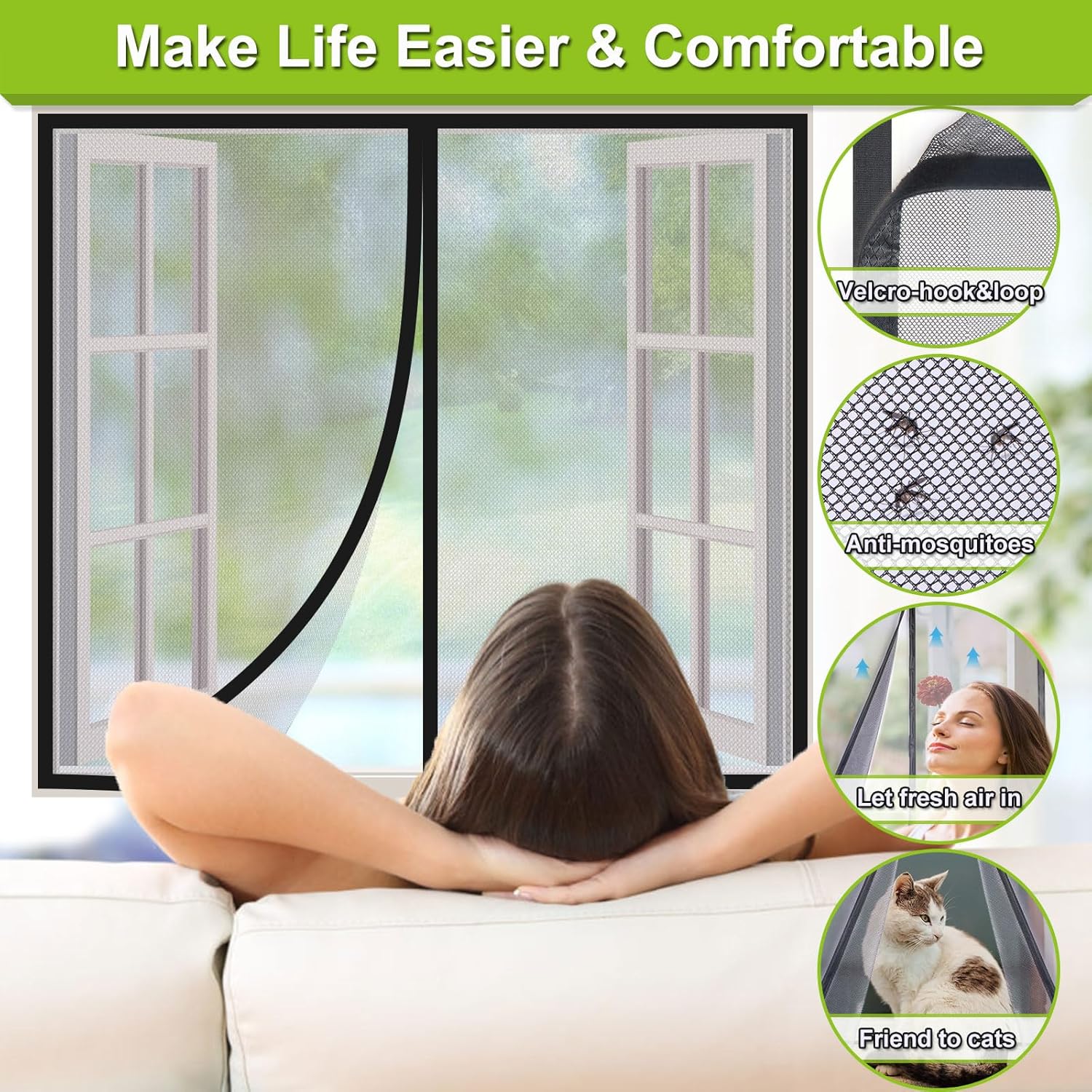 Risareyi Magnetic Screen Door Self Closing, 48 x 40 inches, Black Upgraded Polyester Thicken Mesh Mosquito Net for Patio Door, with Magnets, Keep Bugs Out, with Hook Tape