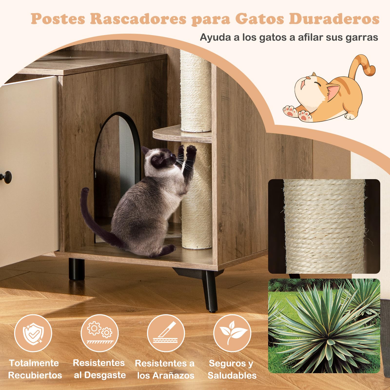 COSTWAY Mueble Arenero para Gatos con 3 Postes Rascadores de Sisal, Condominio para Gatos, Mueble para Caja de Arena 5 en 1 con Baño Oculto para Gato, Carga 30 kg, Gris y Blanco