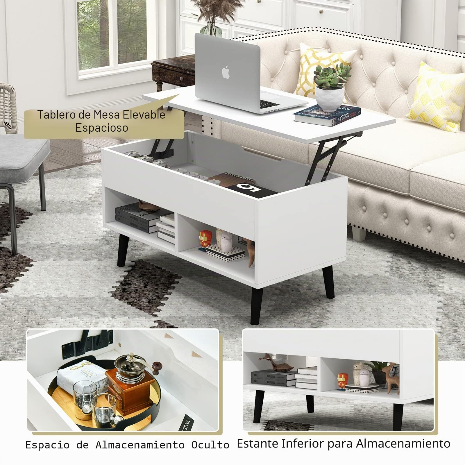 GOPLUS Mesa Baja elevable para Bar de Gas con Bandeja elevable, Mesa Baja con 1 Compartimento Oculto y 2 estantes Abiertos, Patas de Madera para salón, Dormitorio (Blanco)