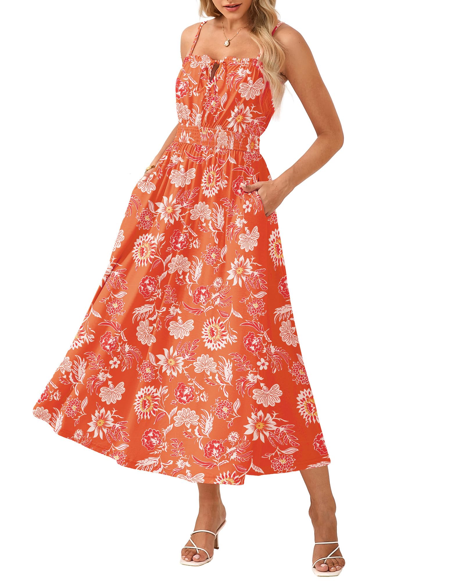 GRACE KARIN Damen Boho-Blumenkleid Lässiges Ärmelloses Maxikleid mit Spaghettiträgern Falten und lockerer A-Linien Strandkleid Festliches Kleid mit Taschen