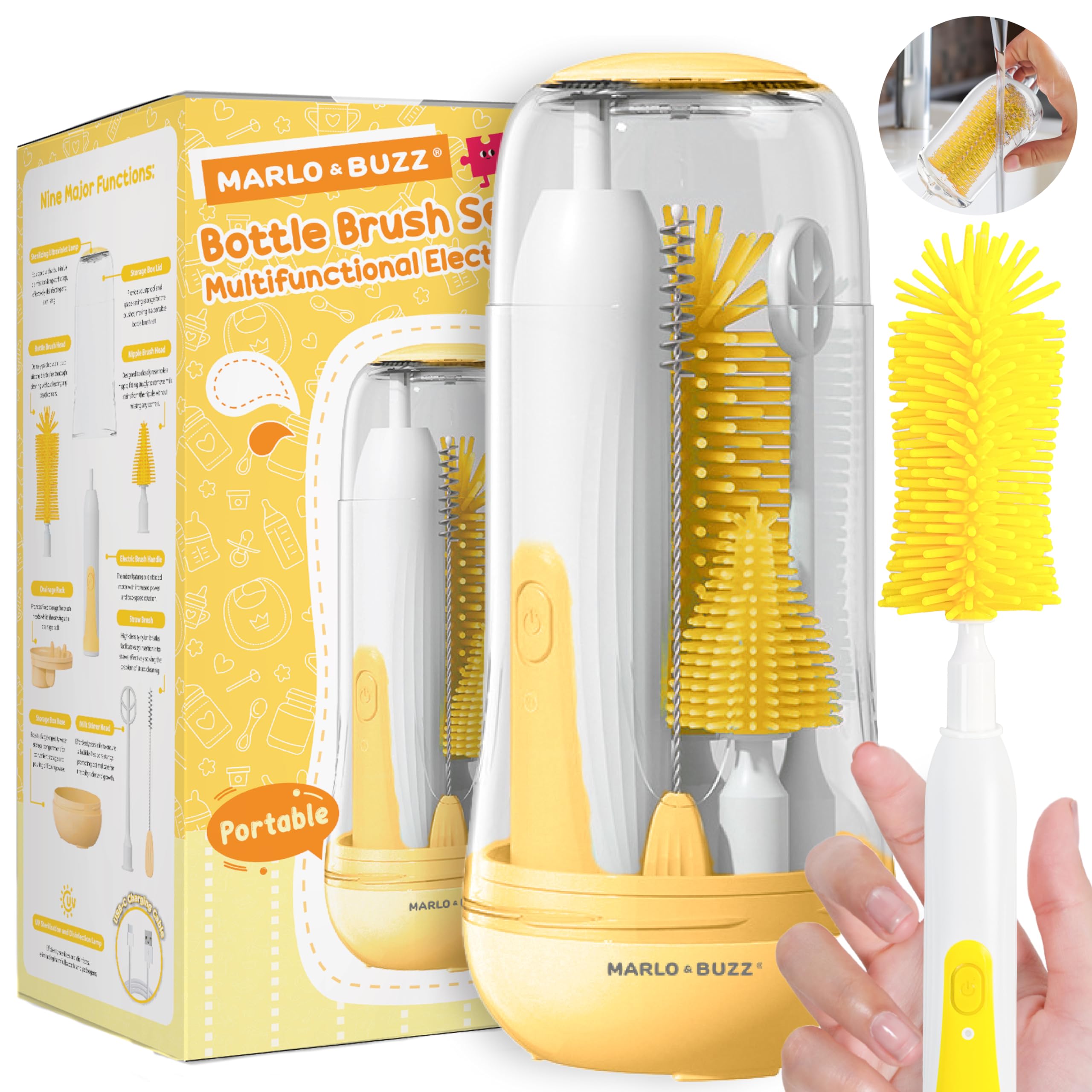 Electric Baby Bottle Brush Cleaner Set, Rechargeable Waterproof Silicone Brushes with Large Bottle Brush, Nipple Brush, Straw Brush, Milk Stirrer, Drying Rack (Yellow)