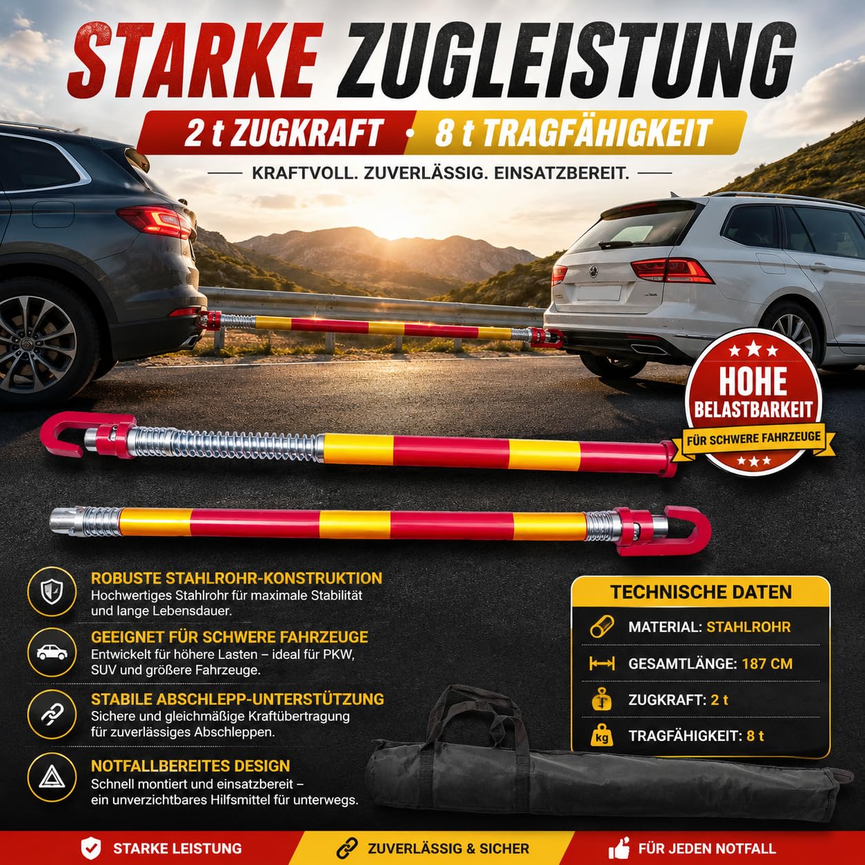 8T Tragfähigkeit-Abschleppstange 187CM für Pkw Universell