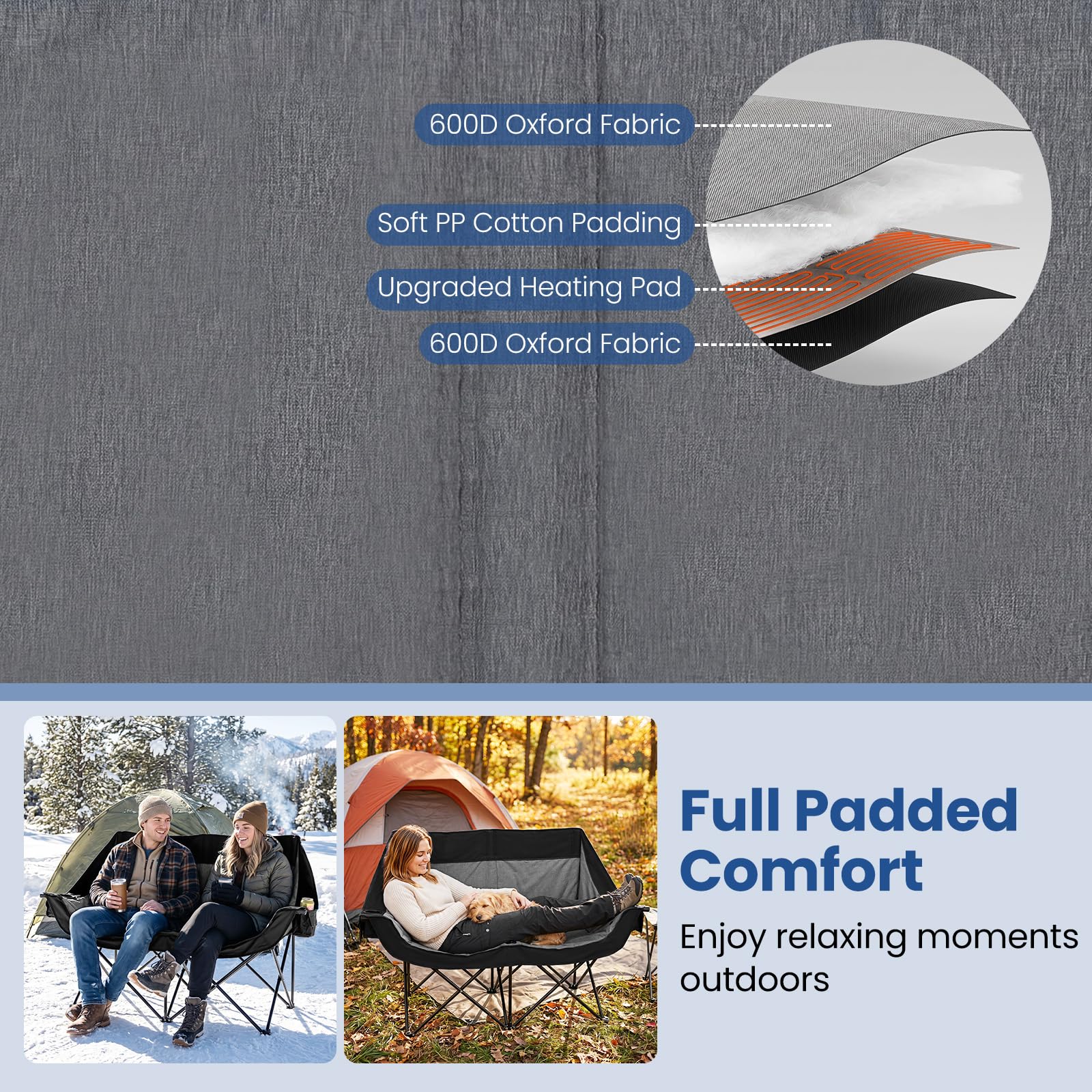 COSTWAY Campingstuhl Faltbar mit Heizung, Campingsofa für 2 Personen | Faltsofa mit 3 Heizstufen & 4 Heizzonen, Campingcouch Gepolstert 300KG Belastbar mit Seitentaschen, Glashaltern
