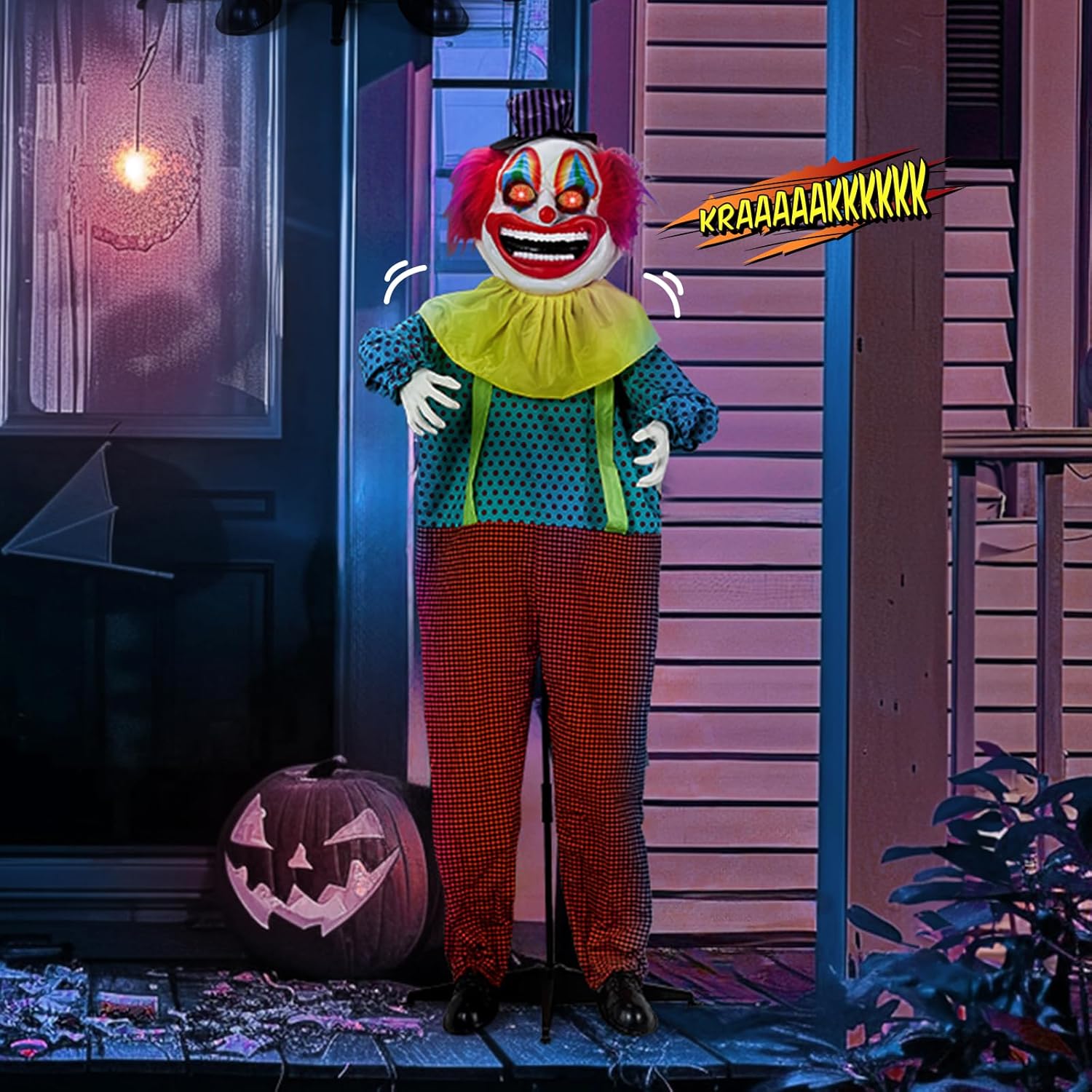 72" Animated Scary Clown Halloween Decoration - Life-Size Outdoor Animatronic with LED Red Eyes, Motion Activated & Creepy Sounds for Yard, Haunted House