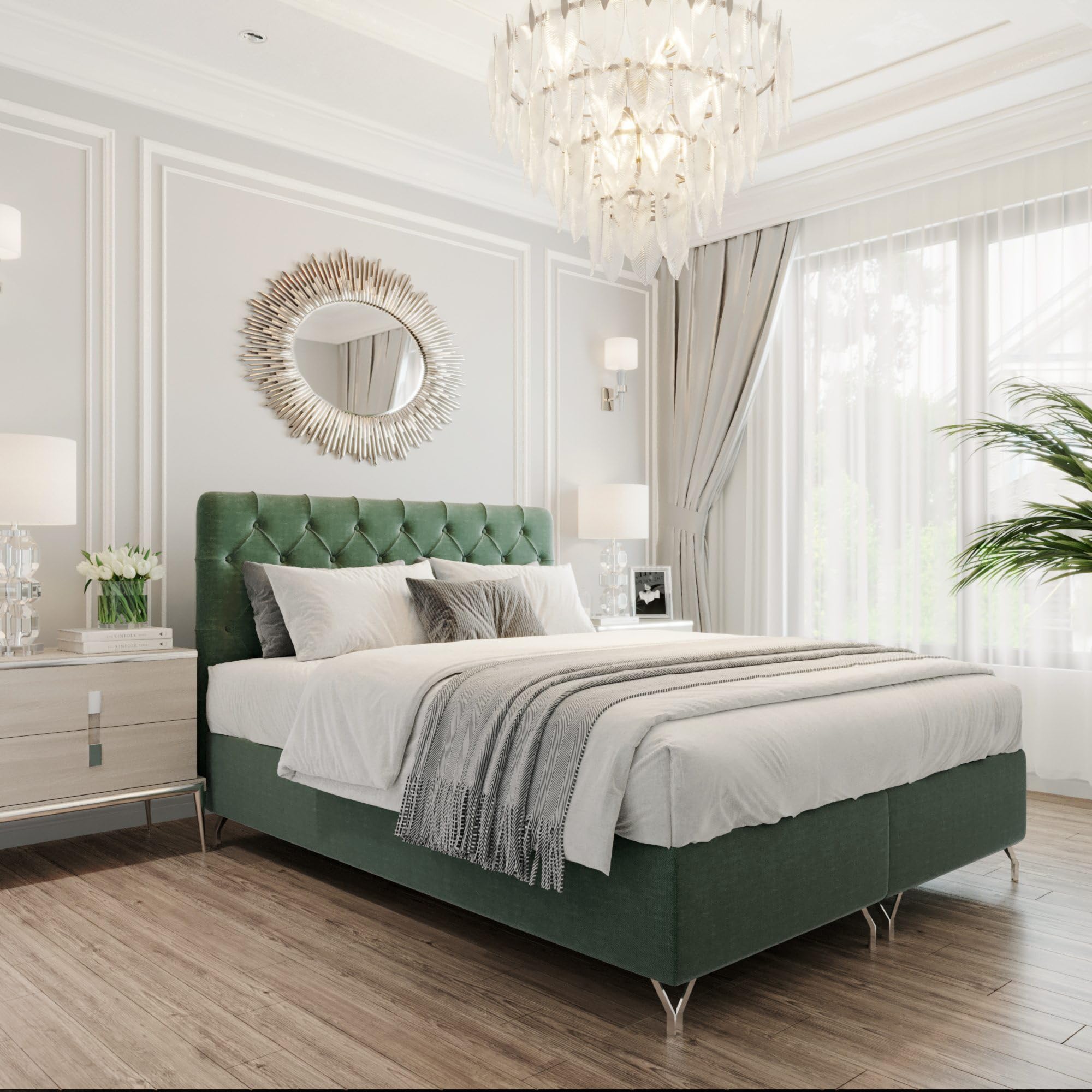FURNISTAR Boxspringbett GracePLUS 200x200 Grün Doppelbett Bett mit Bonellmatratze Topper und Bettkasten Glamour Polsterbett mit silbernen 12 cm Beinen Modern Schlafzimmer Vintage Schlafzimmerbett