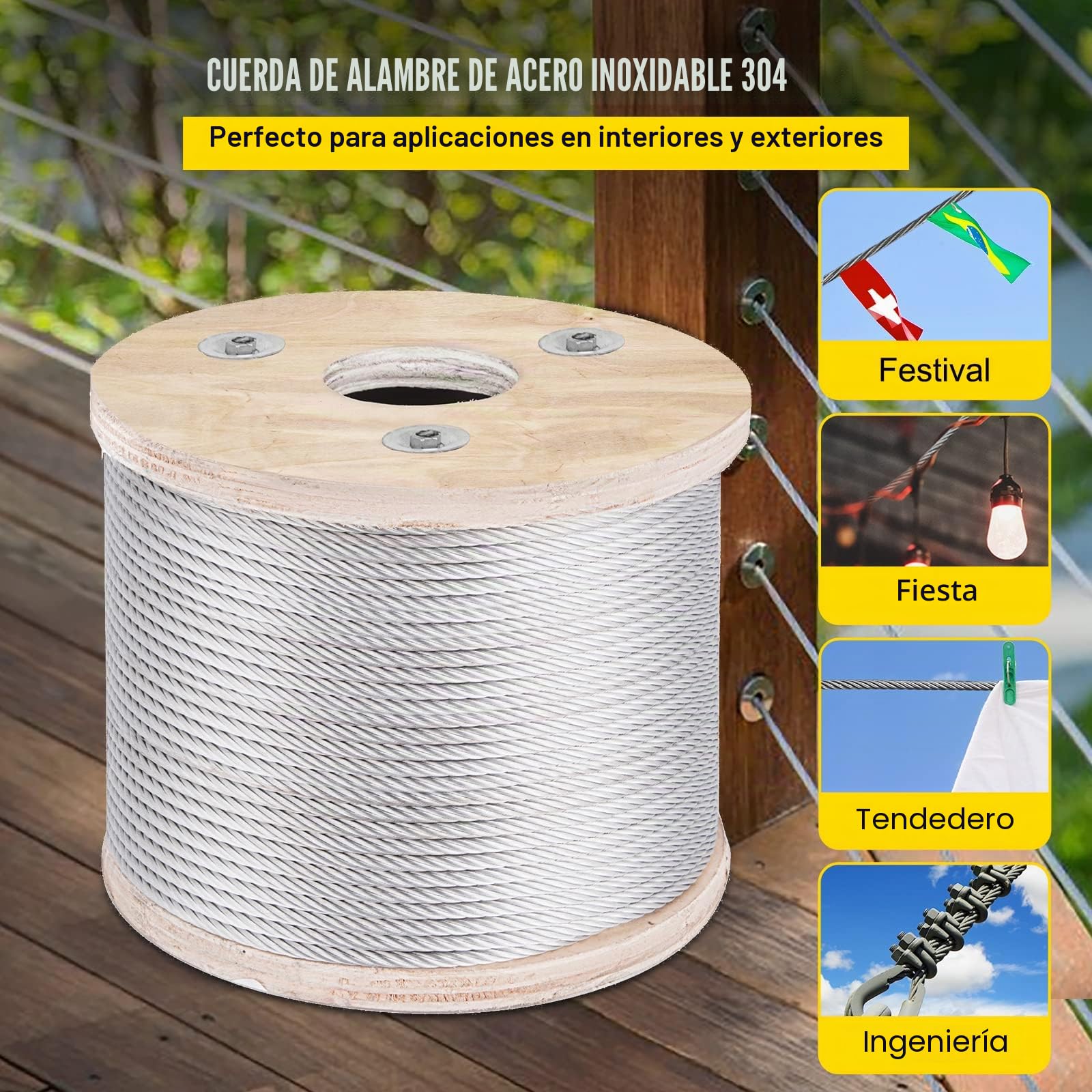 VEVOR - Cable de alambre diámetro 3/16" 4,8 mm cable de acero inoxidable 304 longitud 250 pies 76 m 7x19 cable para bricolaje, barandilla, balaustrada, tendedero de ropa, rampa de escalera, valla de