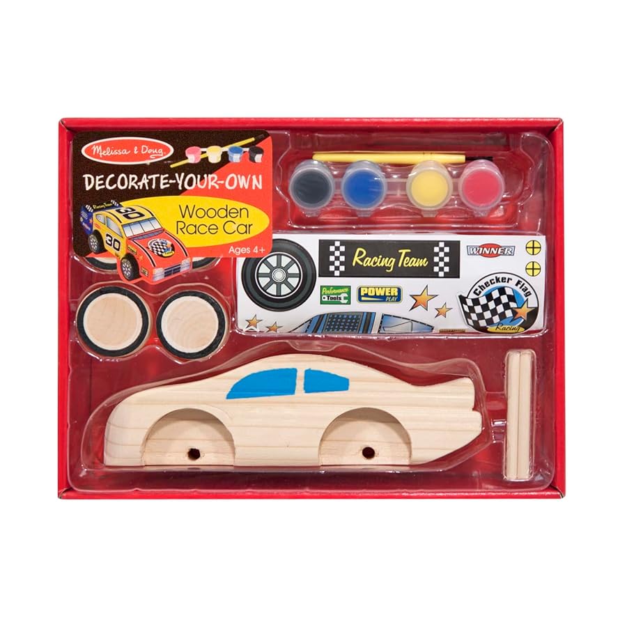 Melissa & Doug decorate-your-own wooden race car craft kit with wooden car parts, paint, brush and stickers