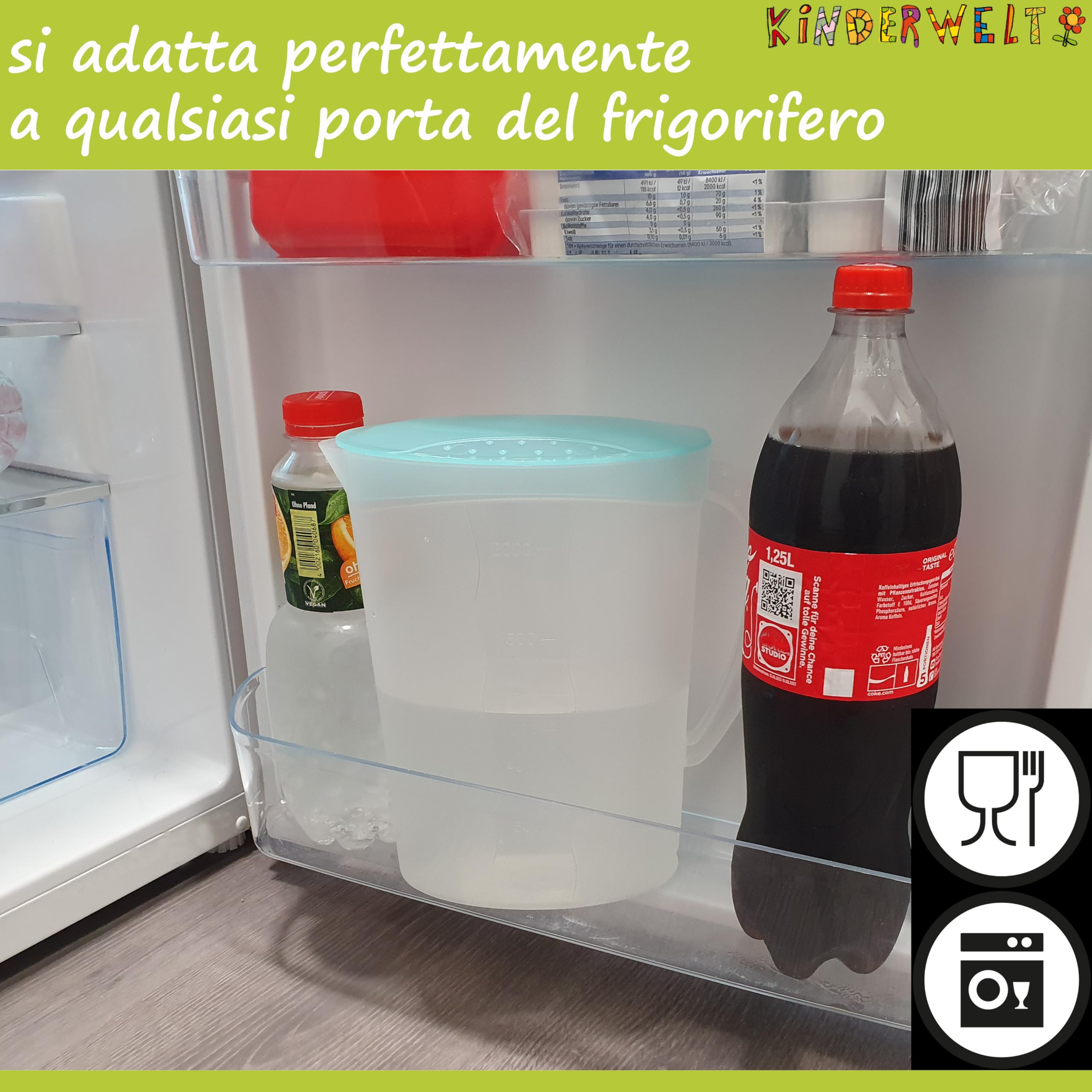 KiNDERWELT Caraffa per succo da 2 litri, in plastica, con coperchio, con inserto per frutta e scala, per porta del frigorifero, caraffa per acqua per bevande fredde come succo, tè freddo